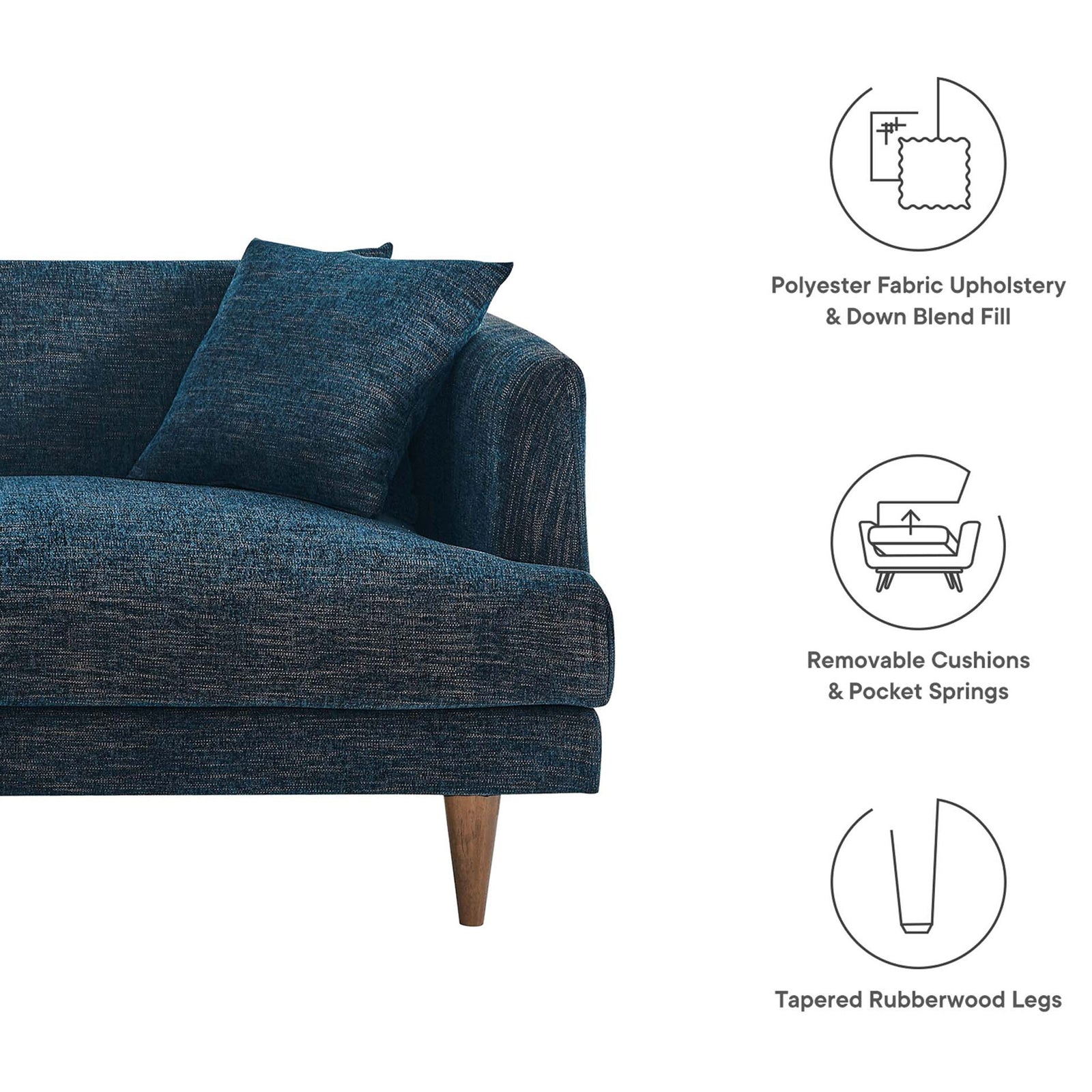Feature highlights of the Zoya sofa with polyester fabric, down-blend fill, removable cushions, and tapered legs || EEI-6405-HEA || callout_studio