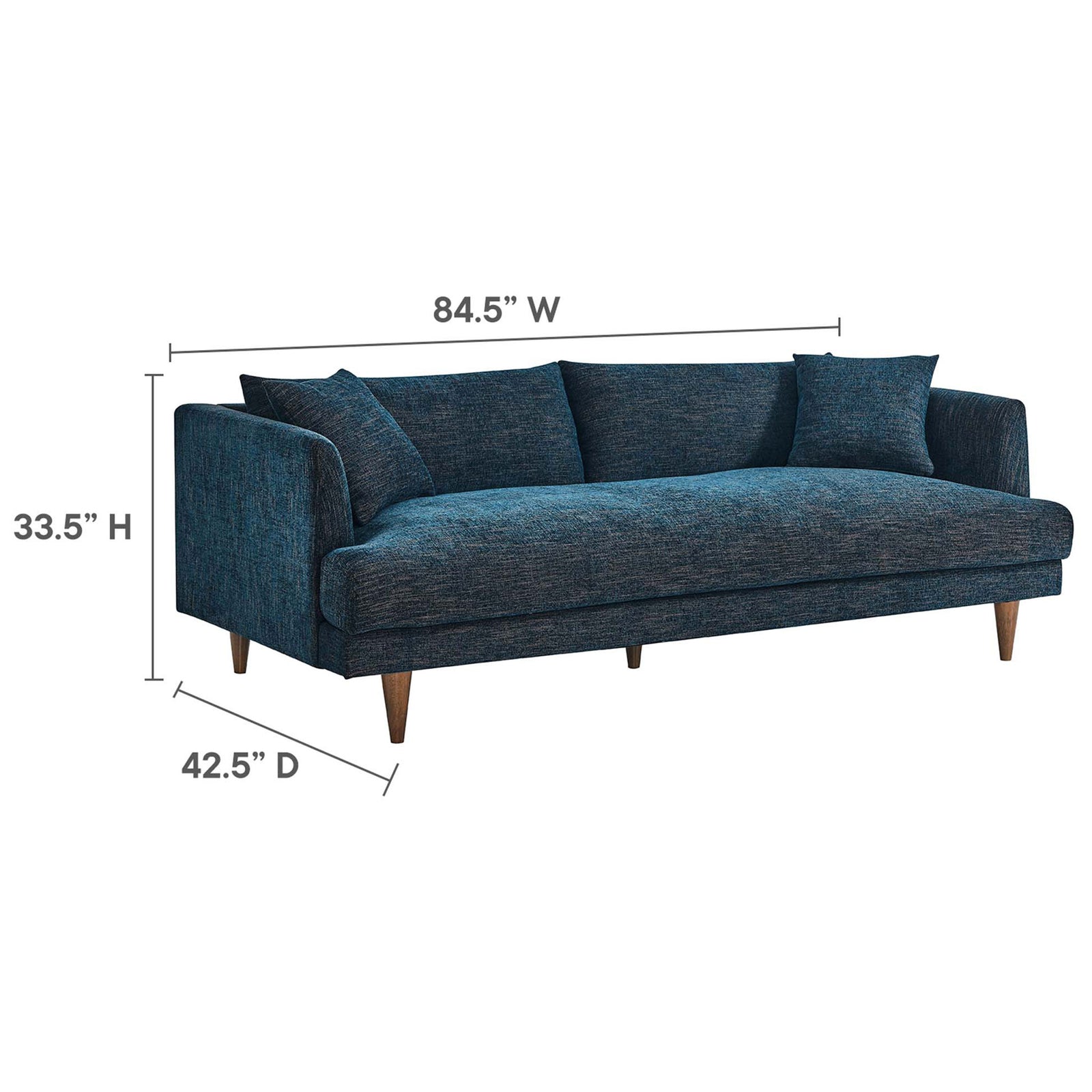 Dimension guide for the Zoya navy sofa, showing its generous width, height, and depth for spacious seating || EEI-6405-HEA || dimension_studio