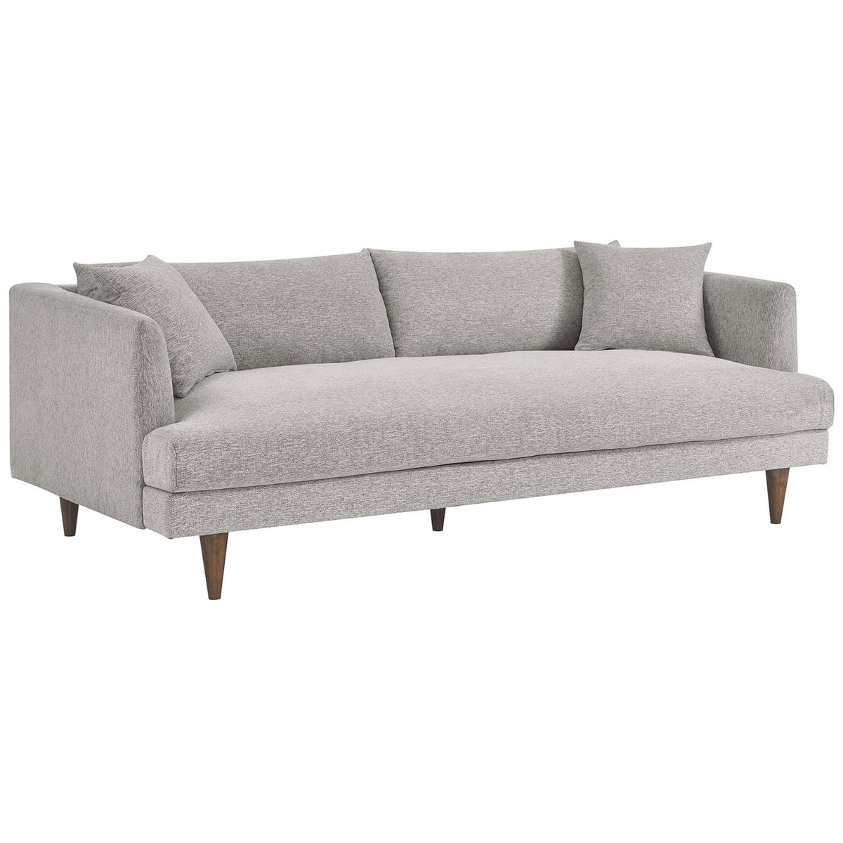 Light gray bench seat sofa with sloped track arms, plush cushions, and tapered brown wood legs || EEI-6405-HLG || front_angle_studio