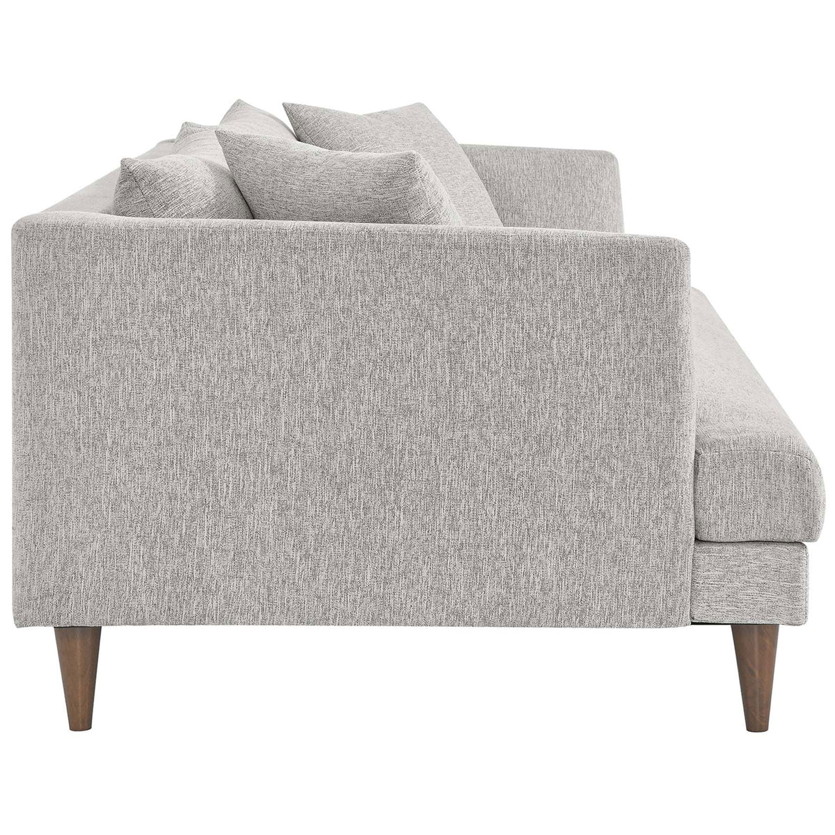 Light gray sofa with slim-profile track arm, textured upholstery, and tapered wood legs || EEI-6405-HLG || side_studio