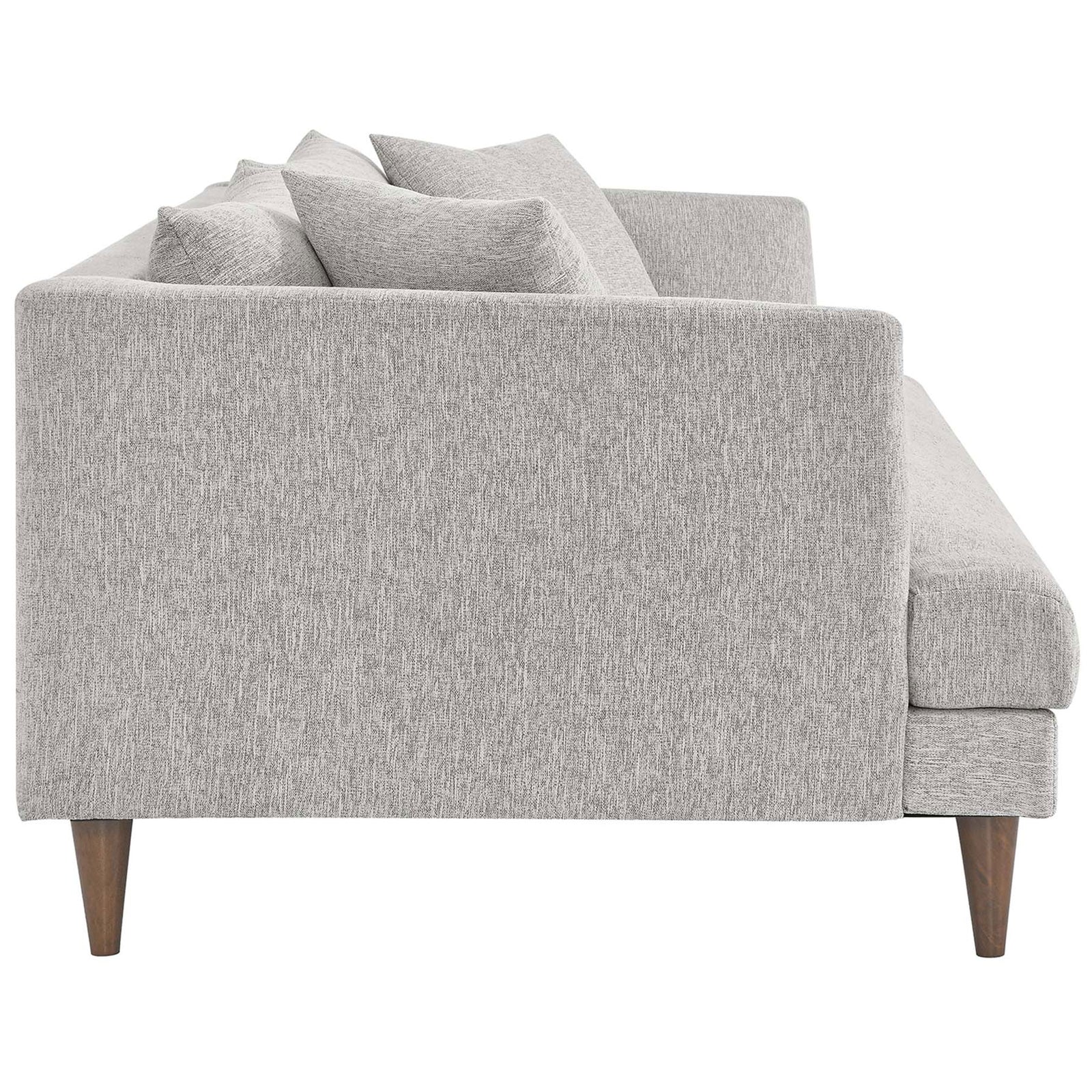Light gray sofa with slim-profile track arm, textured upholstery, and tapered wood legs || EEI-6405-HLG || side_studio