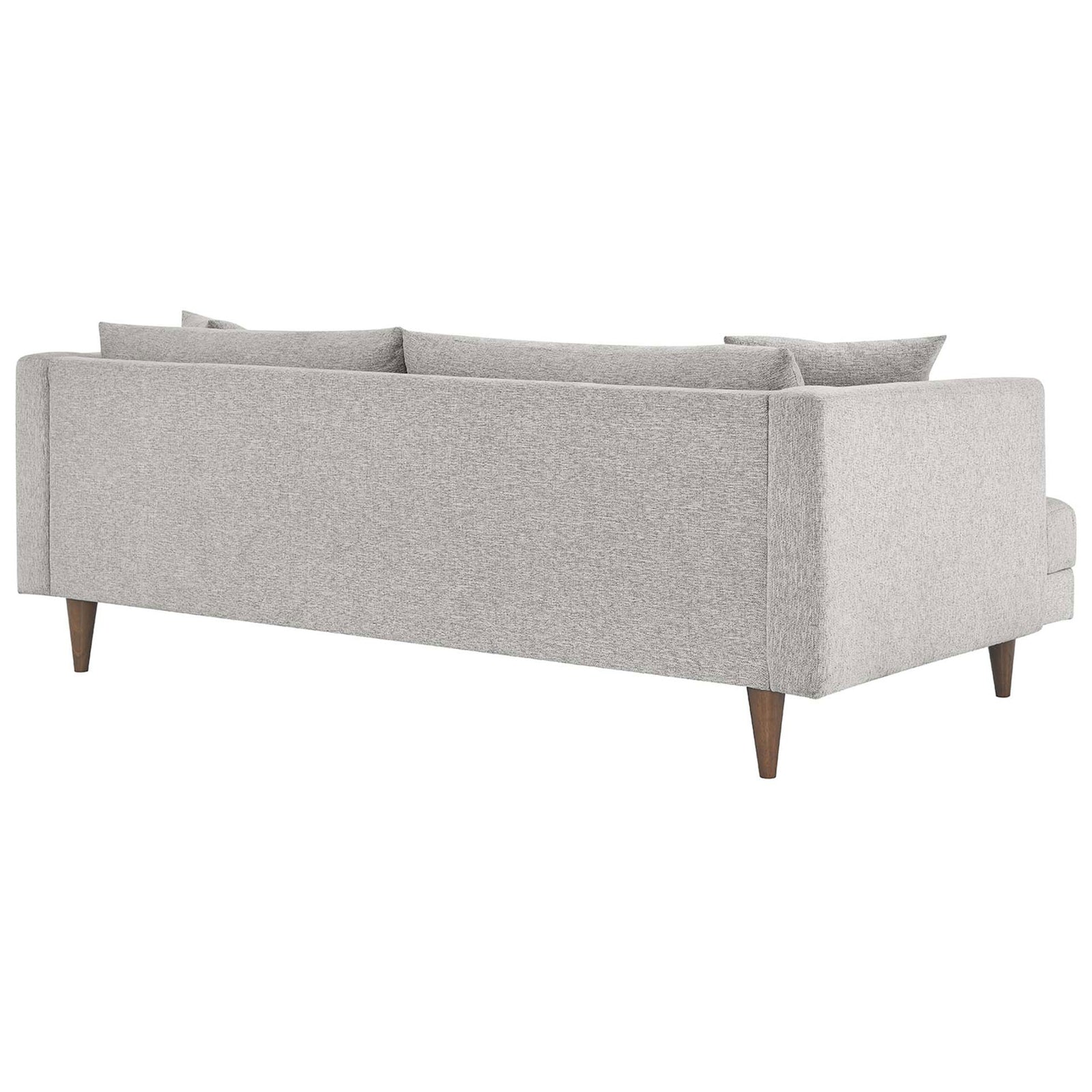 Light gray sofa featuring a smooth tailored back, clean lines, and tapered wooden legs || EEI-6405-HLG || back_angle_studio