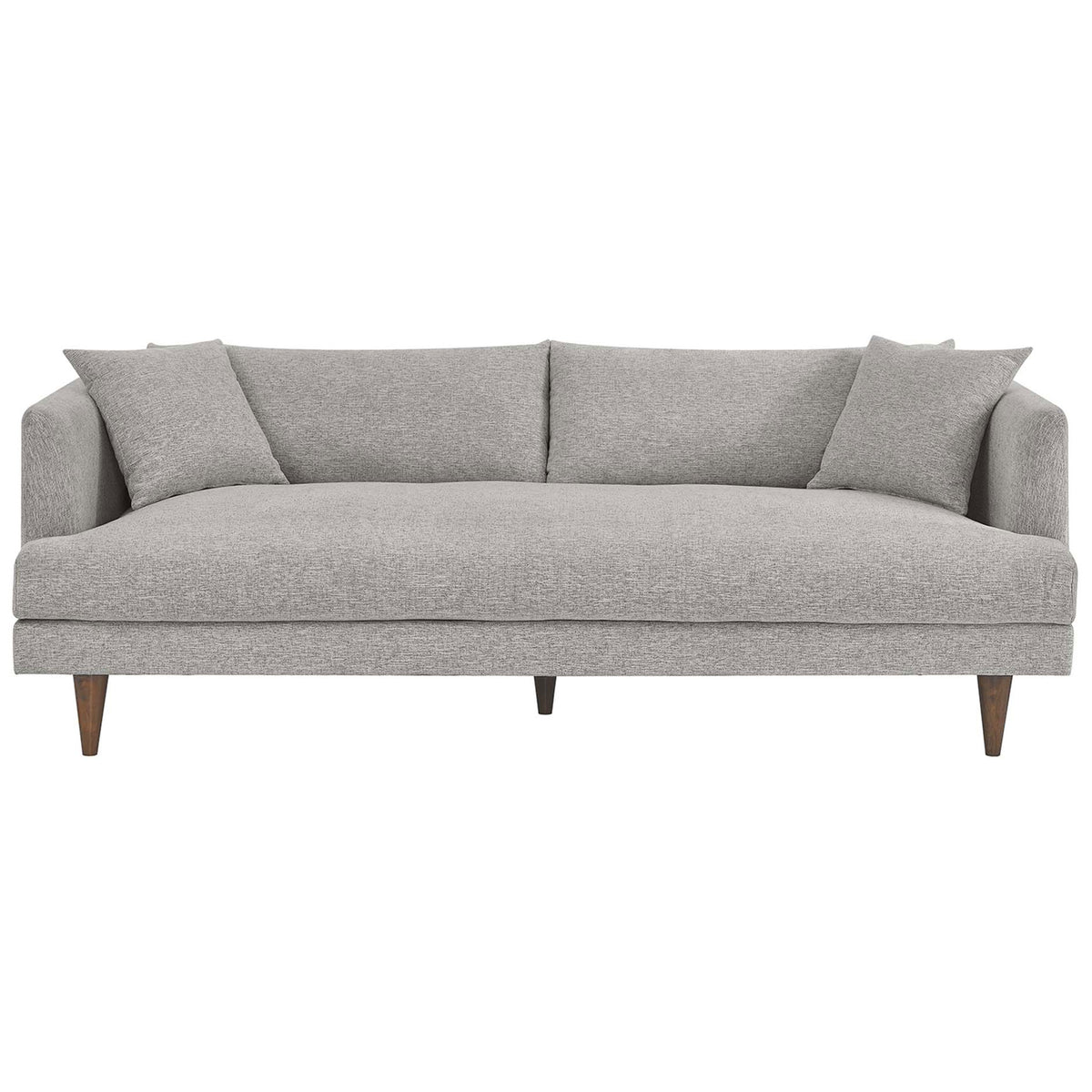 Modern light gray sofa with expansive bench seat, three loose back cushions, and tapered wood legs || EEI-6405-HLG || front_studio