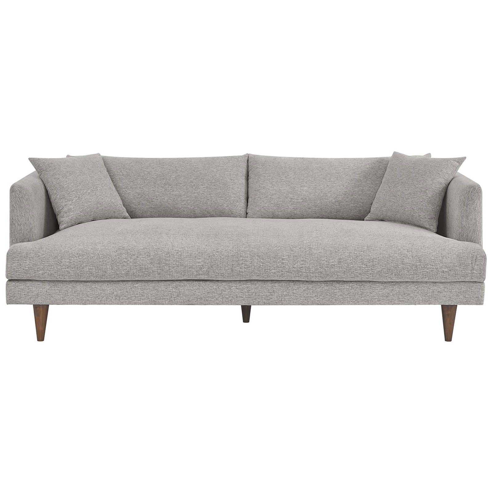 Modern light gray sofa with expansive bench seat, three loose back cushions, and tapered wood legs || EEI-6405-HLG || front_studio
