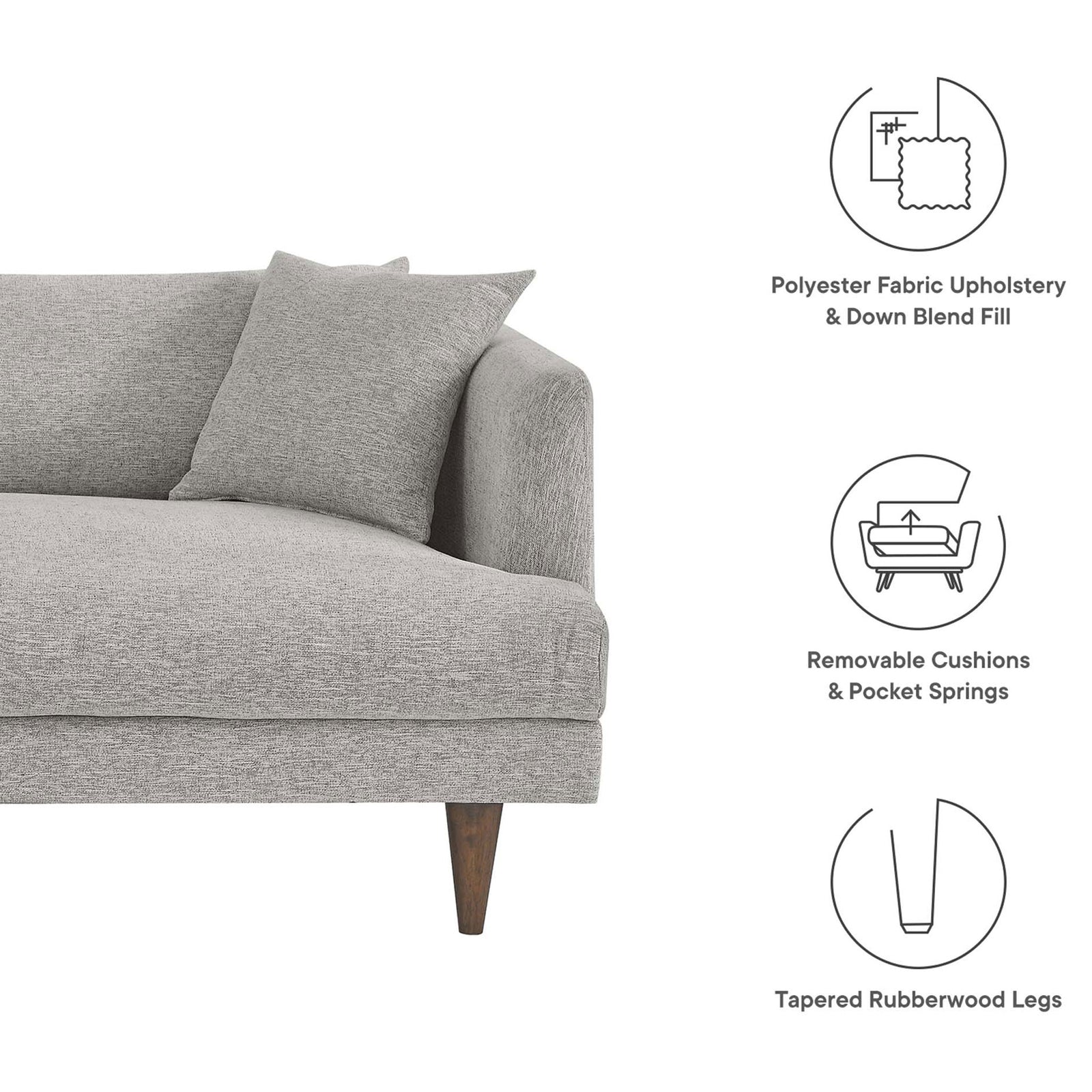 Feature callouts for the light gray sofa highlighting fabric upholstery, removable cushions, and wood legs || EEI-6405-HLG || callout_studio