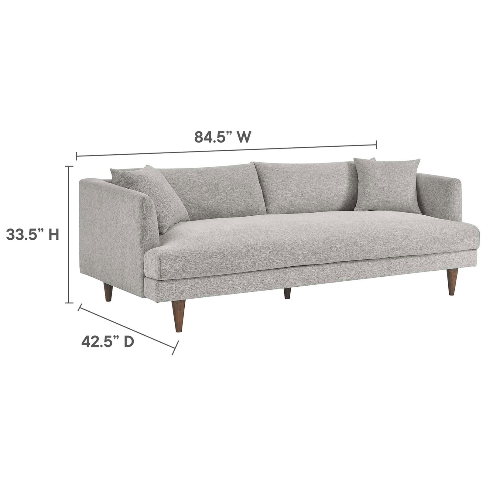 Dimension diagram of the light gray sofa with width, depth, and height measurements labeled || EEI-6405-HLG || dimension_studio