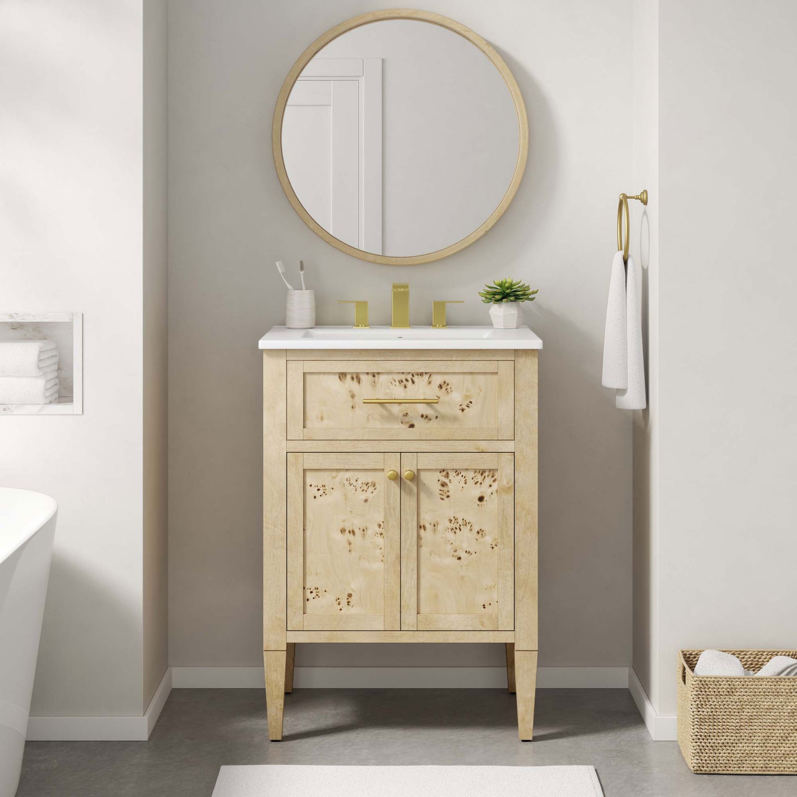 Elevate the bath with a light burl finish, crisp white basin, and modern brass accents. || EEI-6439-WHI-BUR || front_room