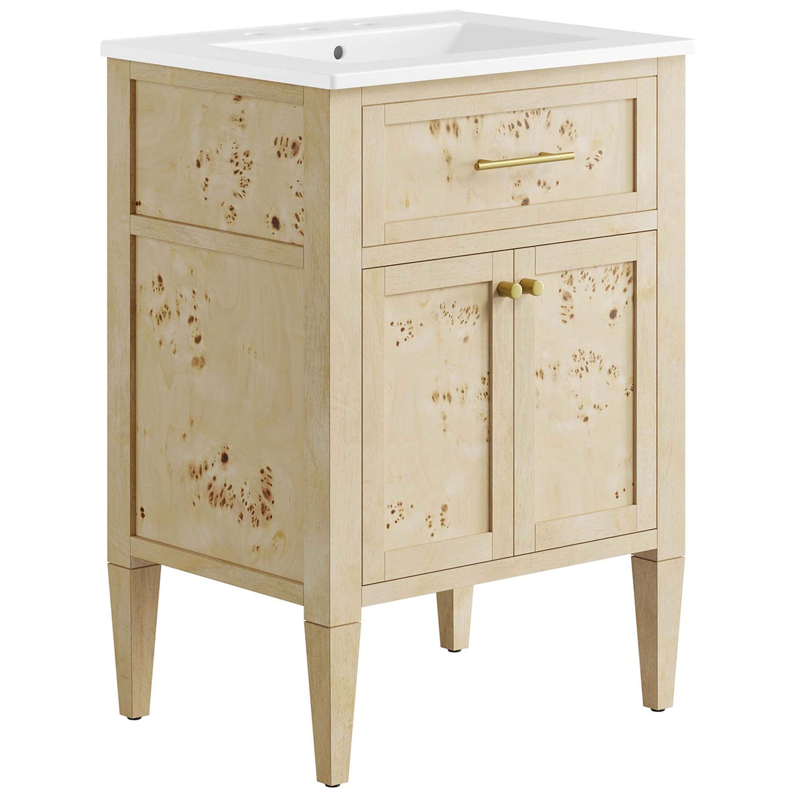 Warm mango wood with burl veneer and tapered legs brings artisanal texture to a compact bath centerpiece. || EEI-6439-WHI-BUR || front_angle_studio