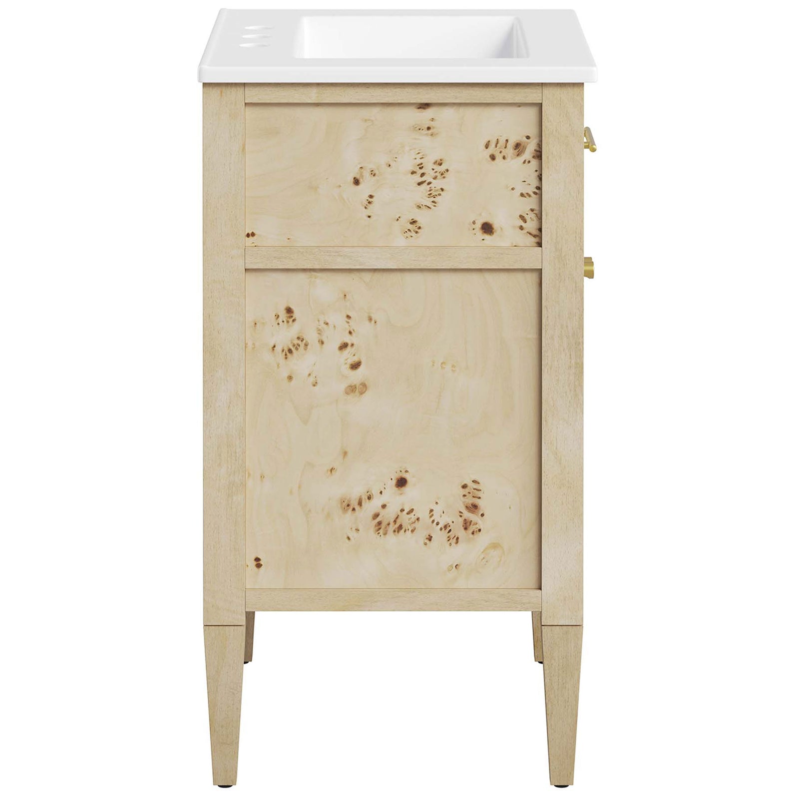 Streamlined silhouette highlights natural burl patterns and sturdy tapered legs. || EEI-6439-WHI-BUR || side_studio