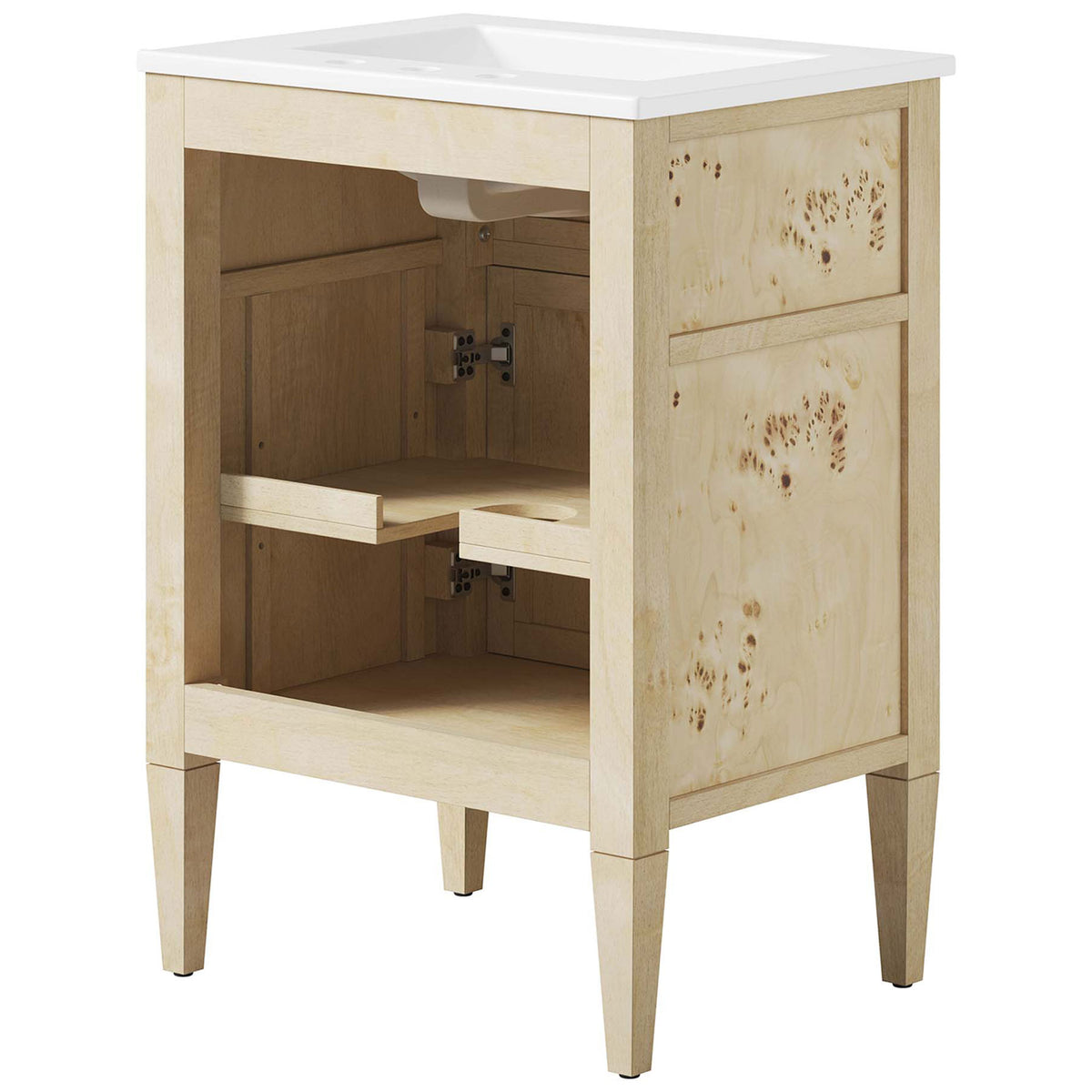 Open-back cabinet simplifies plumbing access while concealed hinges keep the look clean. || EEI-6439-WHI-BUR || back_angle_studio