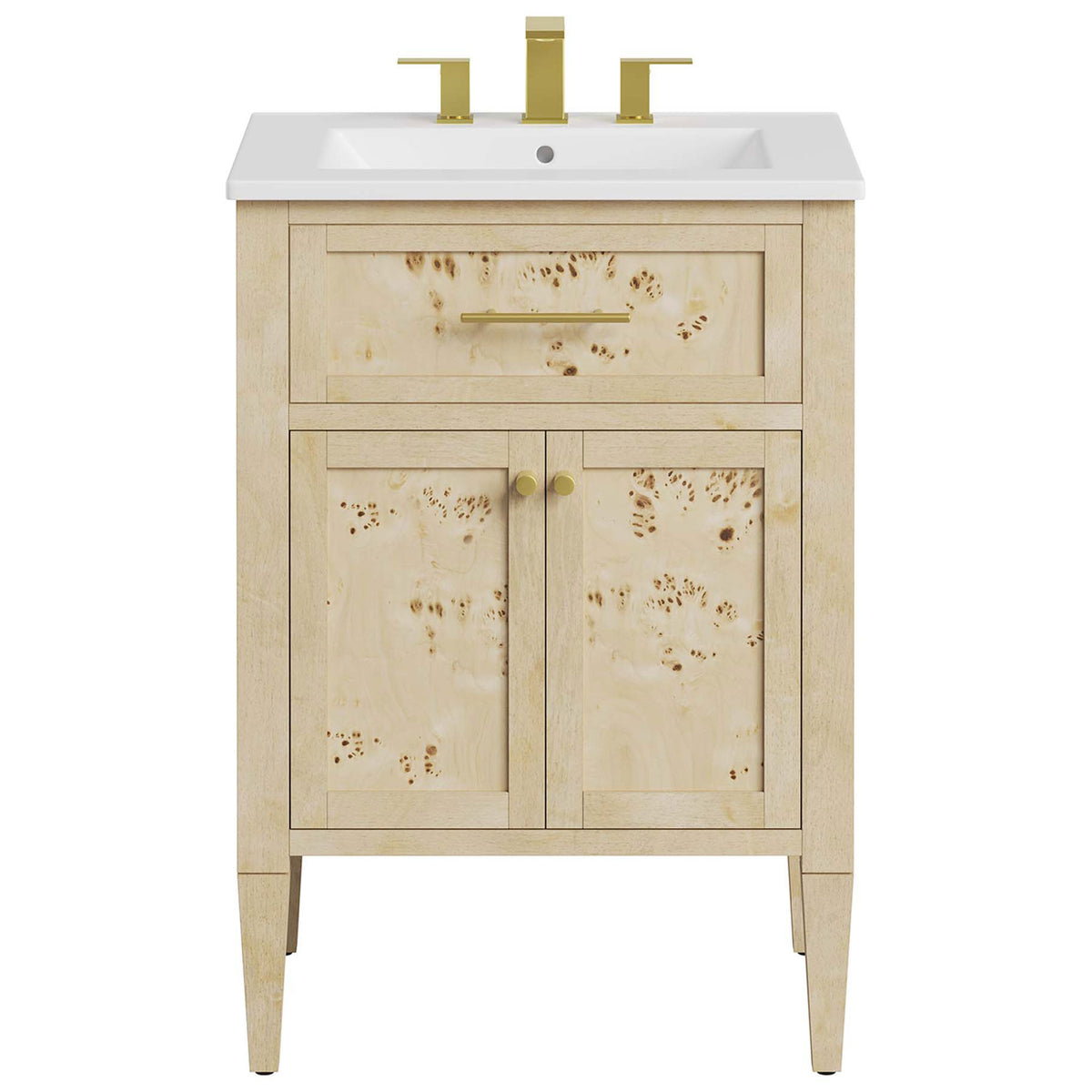 24 inch burl wood vanity with integrated ceramic sink and gleaming brass pulls for easy elegance. || EEI-6439-WHI-BUR || front_studio