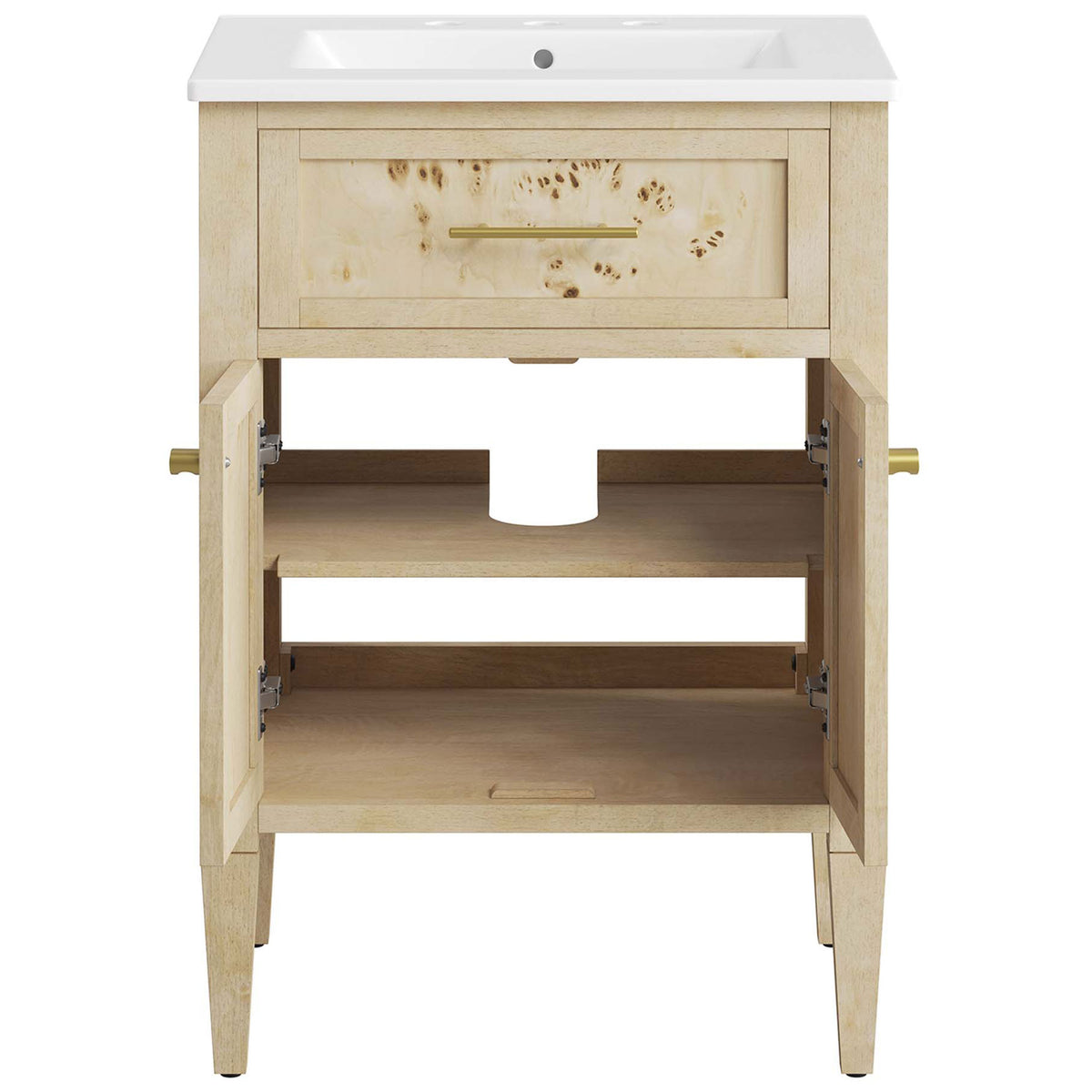 Spacious double-door storage with adjustable shelf and plumbing cutout keeps bathroom essentials tidy. || EEI-6439-WHI-BUR || front_open_studio