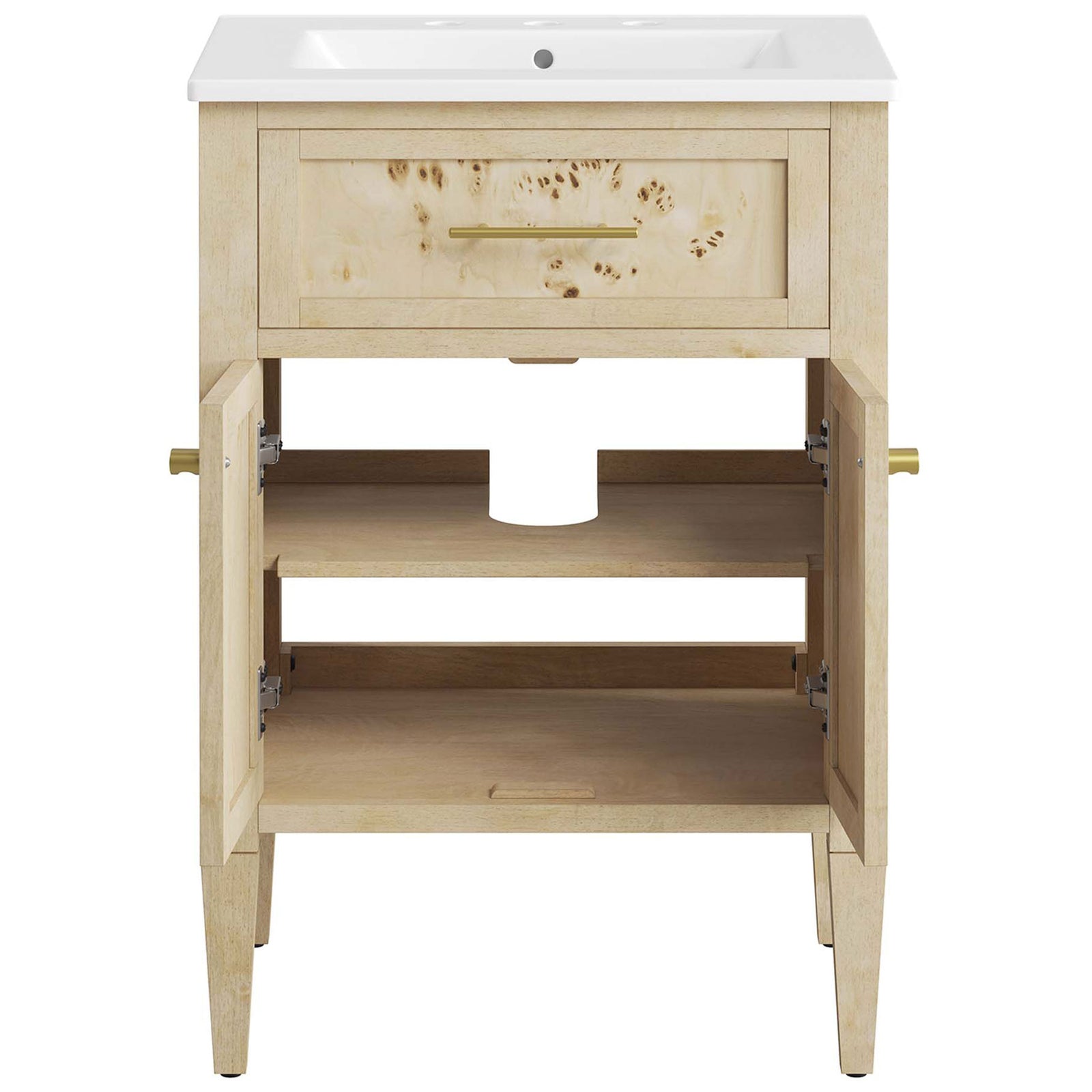 Spacious double-door storage with adjustable shelf and plumbing cutout keeps bathroom essentials tidy. || EEI-6439-WHI-BUR || front_open_studio