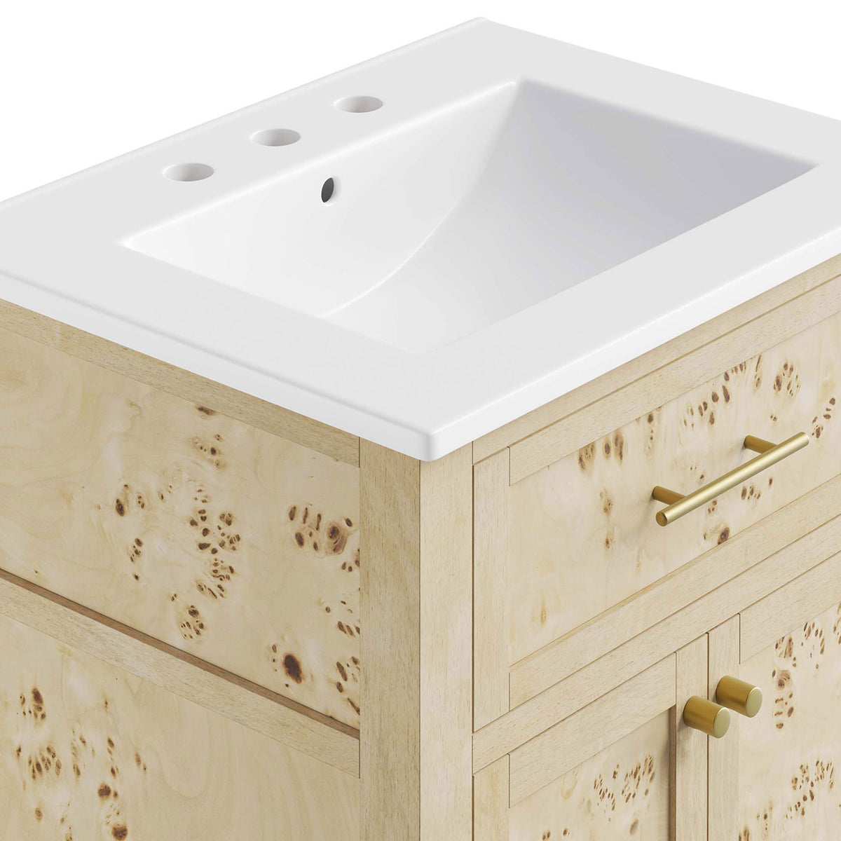 Sleek ceramic edge meets burl veneer frame, accented by satin brass hardware. || EEI-6439-WHI-BUR || detail_studio