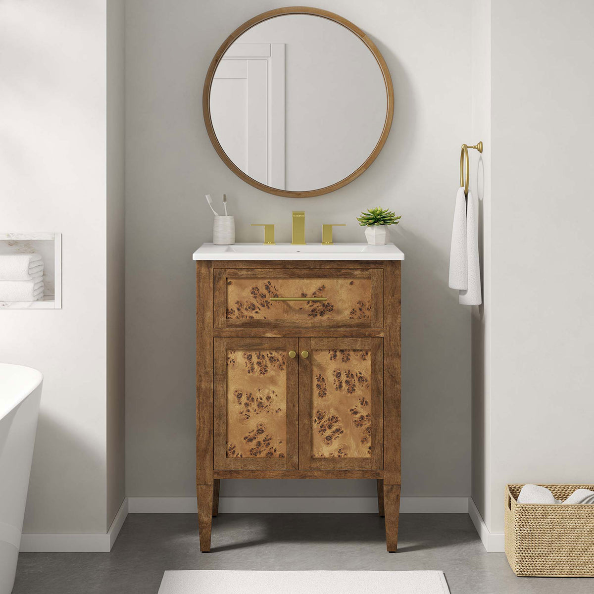 Burl wood vanity with ceramic top styled in a modern bathroom || EEI-6440-WHI-BRN || front_room