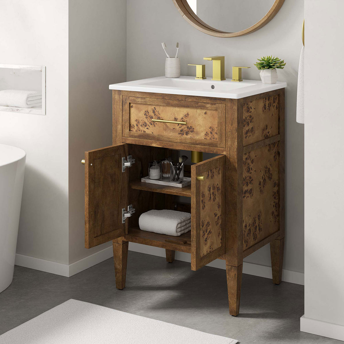 Open doors display organized storage in a warm burl wood vanity || EEI-6440-WHI-BRN || front_angle_open_room
