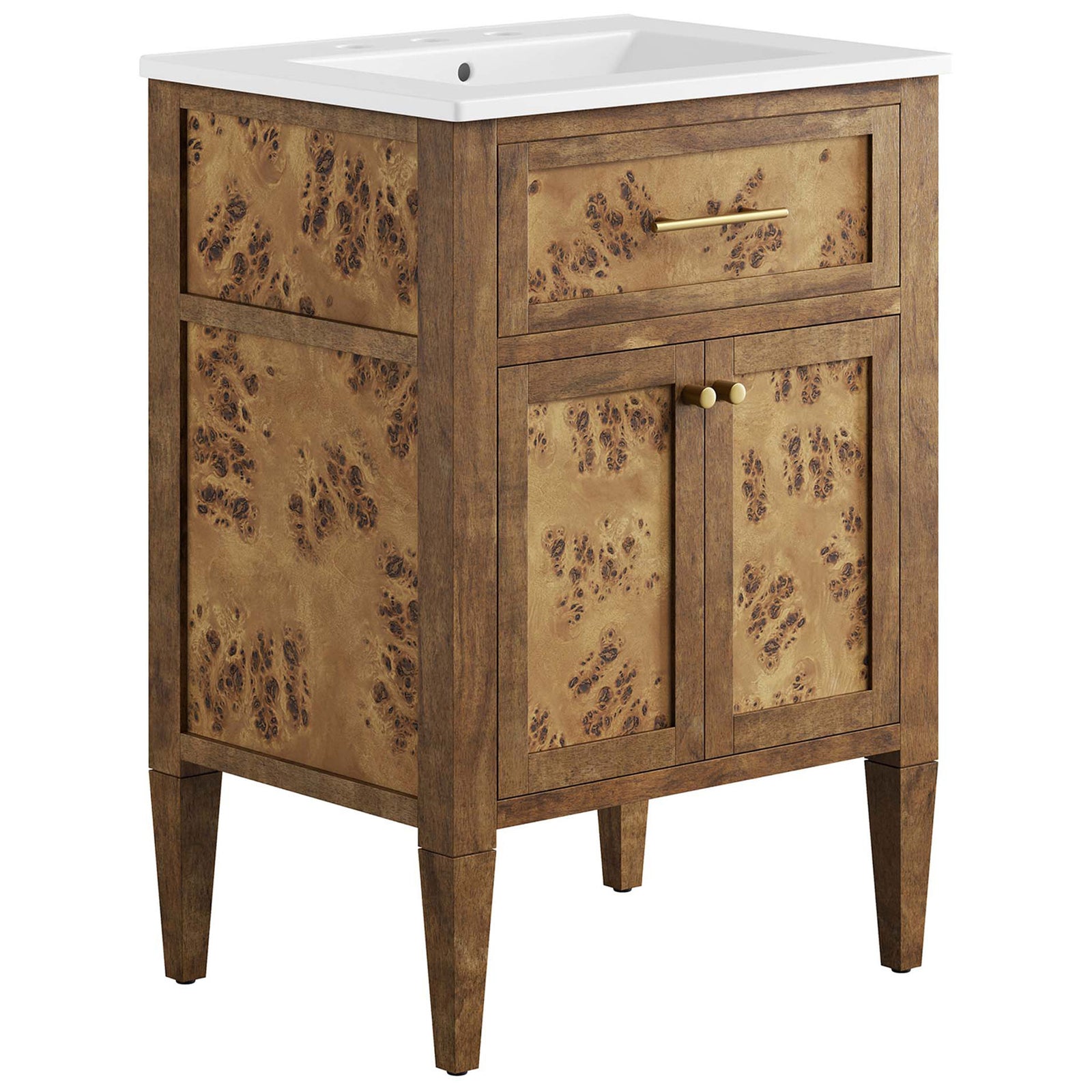 24-inch burl wood vanity with white ceramic basin and brass hardware || EEI-6440-WHI-BRN || front_angle_studio