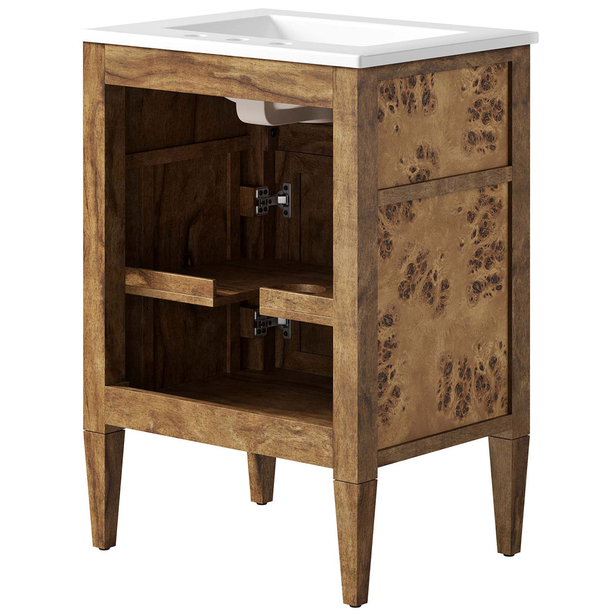 Open cabinet reveals adjustable shelving and plumbing cutout inside the vanity || EEI-6440-WHI-BRN || back_angle_studio