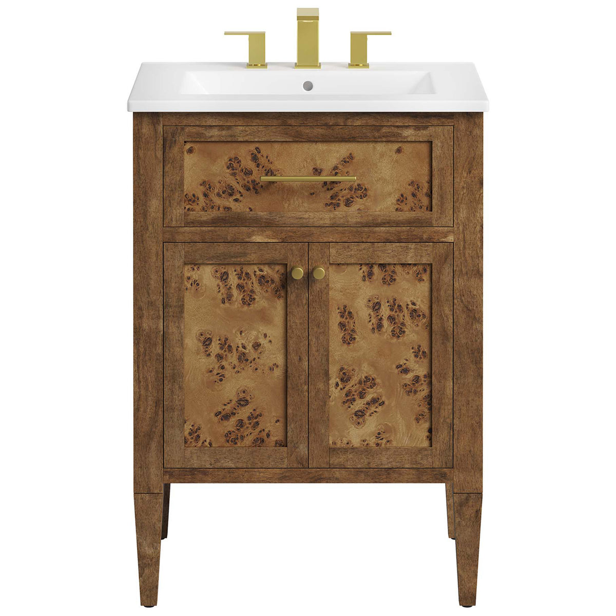 White ceramic basin over burl wood cabinet with brass hardware and tapered legs || EEI-6440-WHI-BRN || front_studio