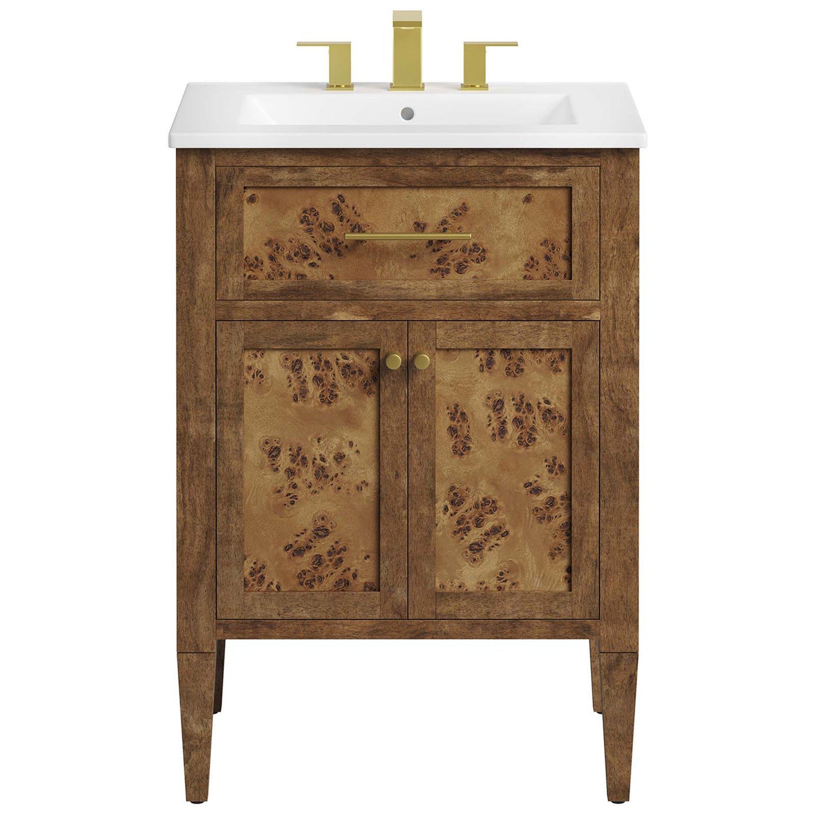 White ceramic basin over burl wood cabinet with brass hardware and tapered legs || EEI-6440-WHI-BRN || front_studio