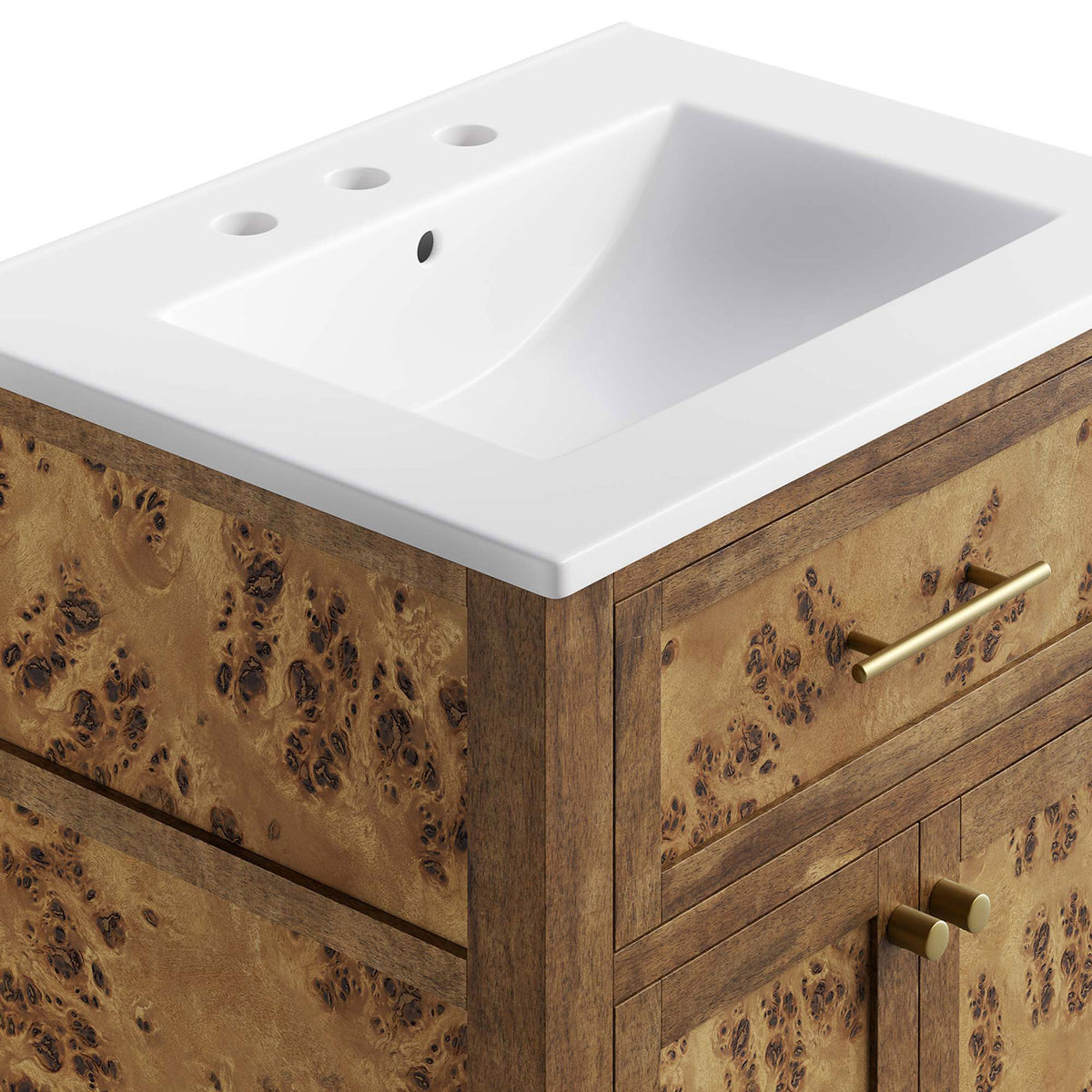 Smooth ceramic basin meets burl wood frame for a refined contrast || EEI-6440-WHI-BRN || detail_studio