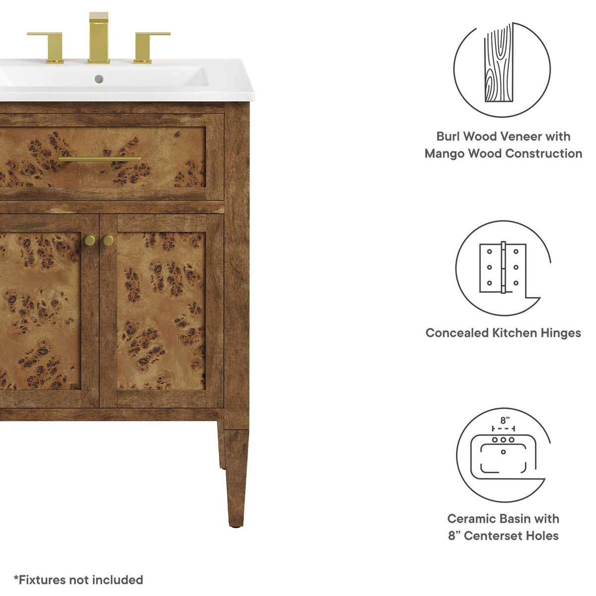 Burl veneer, concealed hinges, and ceramic basin highlighted with icons || EEI-6440-WHI-BRN || callout_studio