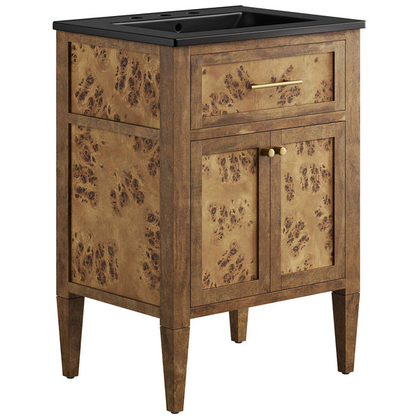 Burl wood vanity with black ceramic sink and sleek brass hardware elevates compact baths || EEI-6442-BLK-BRN || front_angle_studio