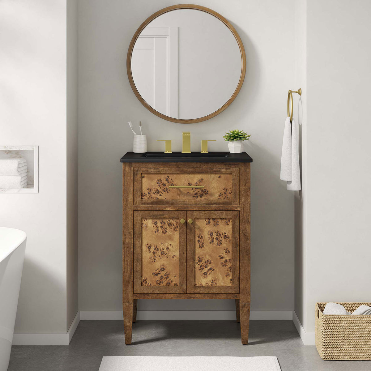Warm wood tones and brass touches create an inviting bathroom focal point || EEI-6442-BLK-BRN || front_room