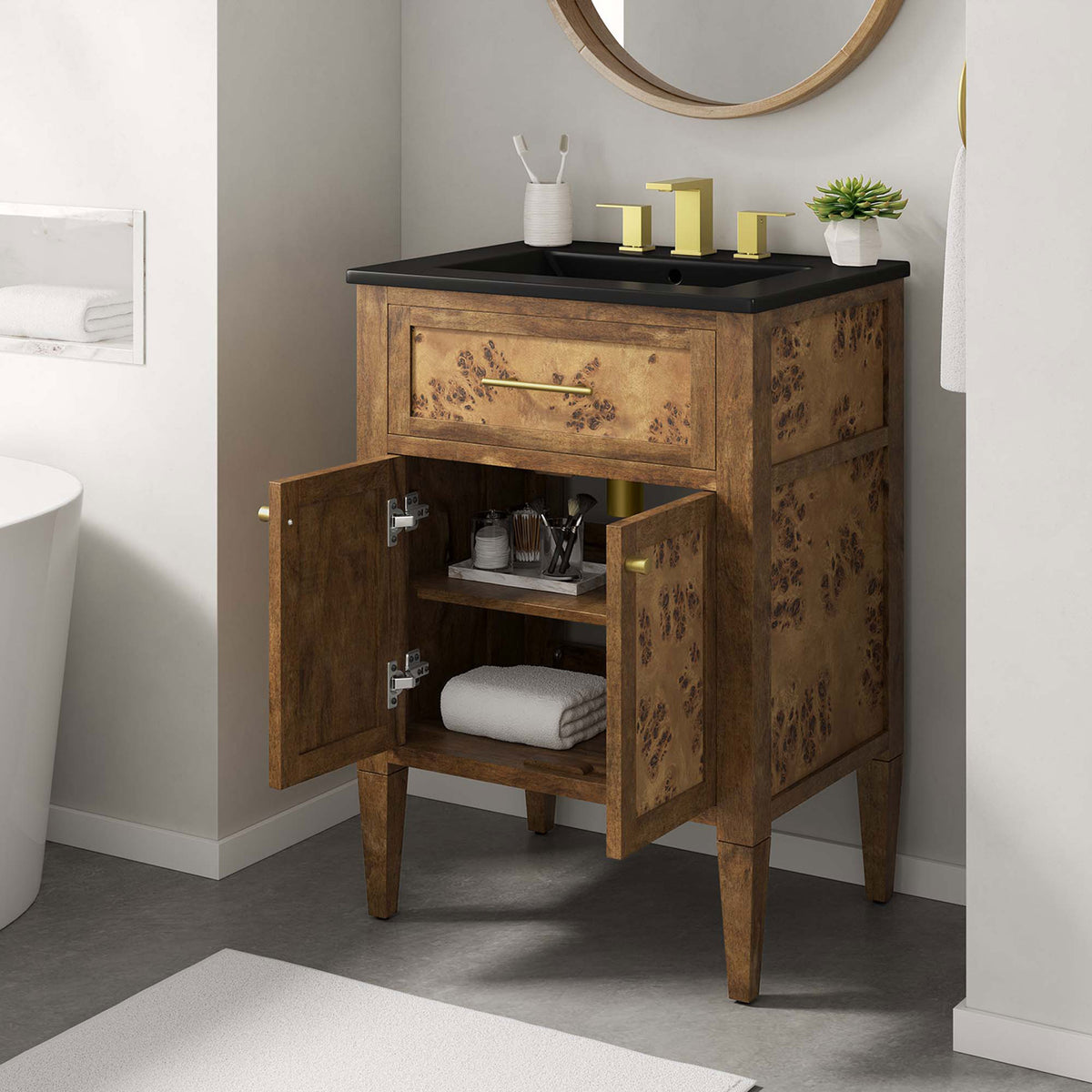 Open doors reveal everyday storage in a refined, spa-inspired bath setting || EEI-6442-BLK-BRN || front_angle_open_room