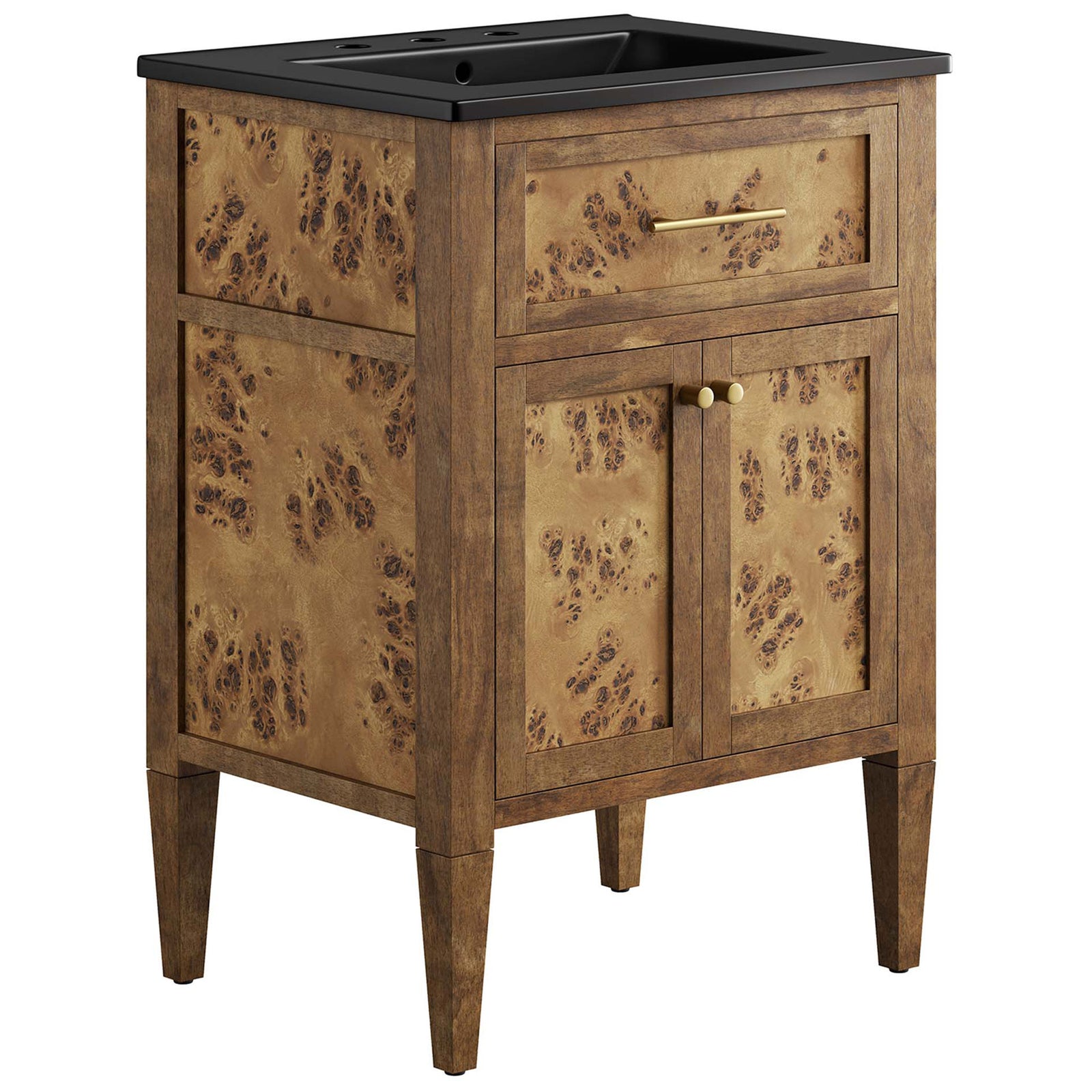 Burl wood vanity with black ceramic sink and sleek brass hardware elevates compact baths || EEI-6442-BLK-BRN || front_angle_studio