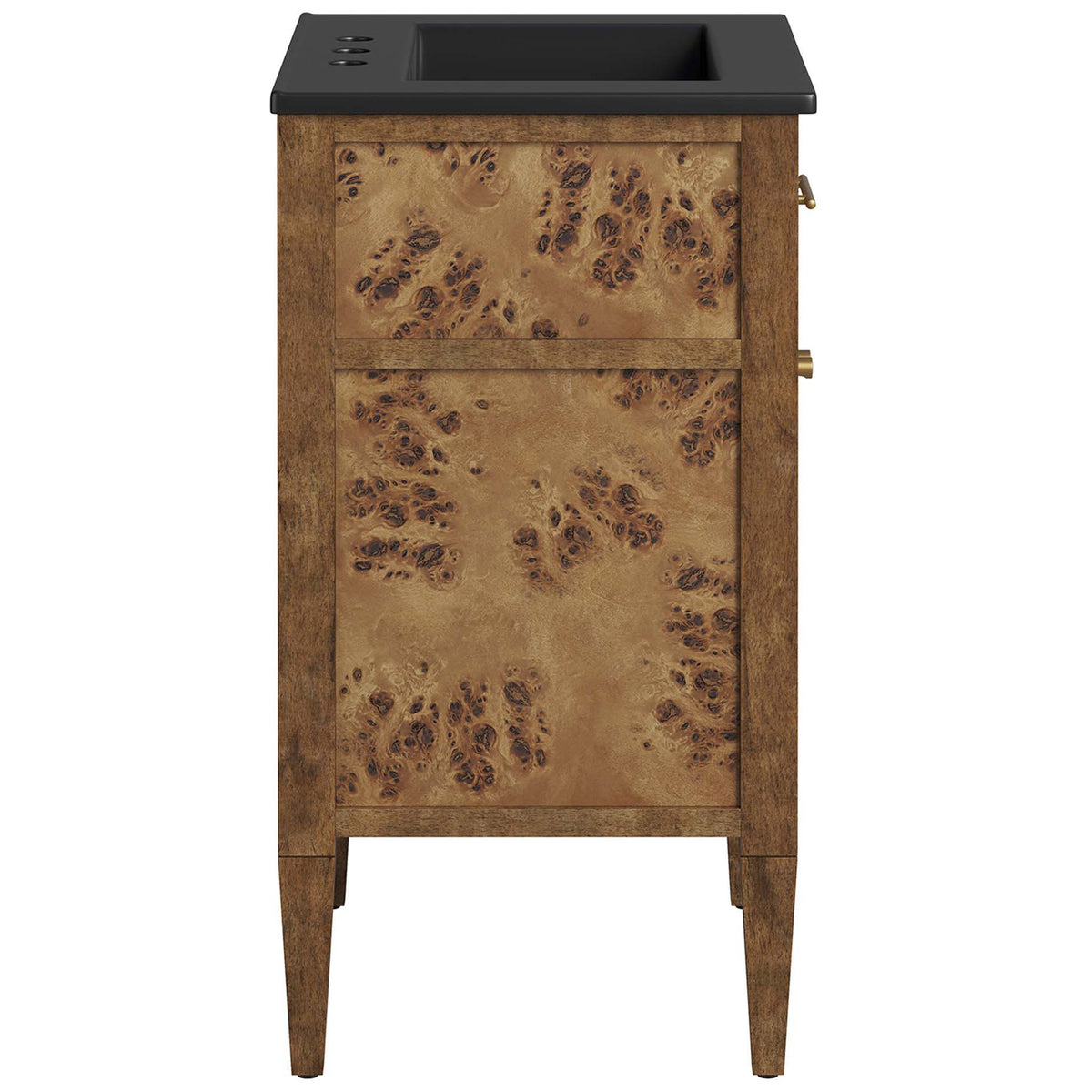 Tapered legs and rich burl veneer pair with a bold black basin for modern warmth || EEI-6442-BLK-BRN || side_studio