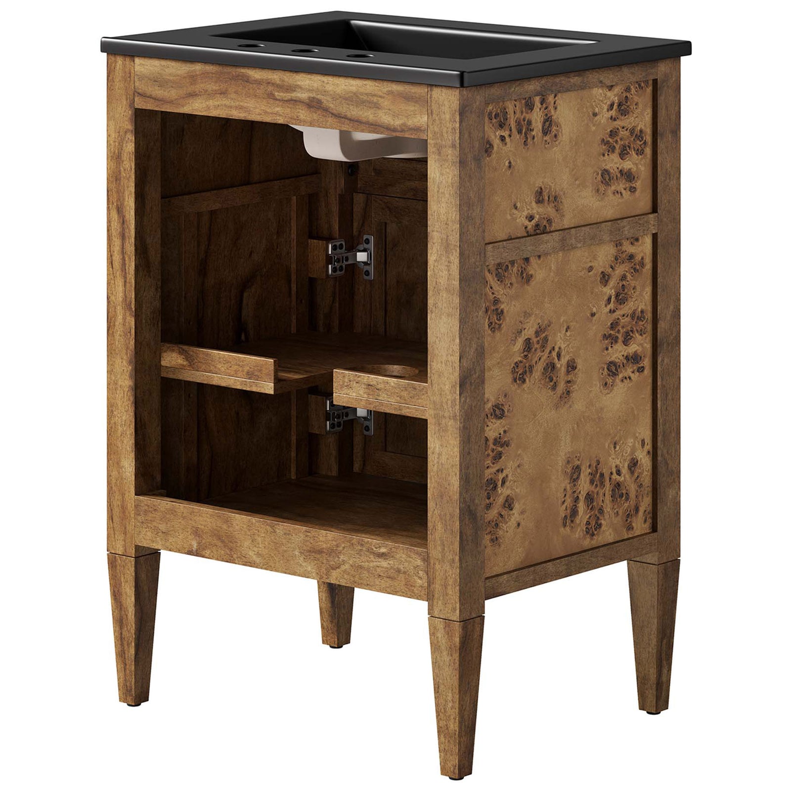 Interior shelving and plumbing cutout keep essentials organized inside the mango wood cabinet || EEI-6442-BLK-BRN || back_angle_studio