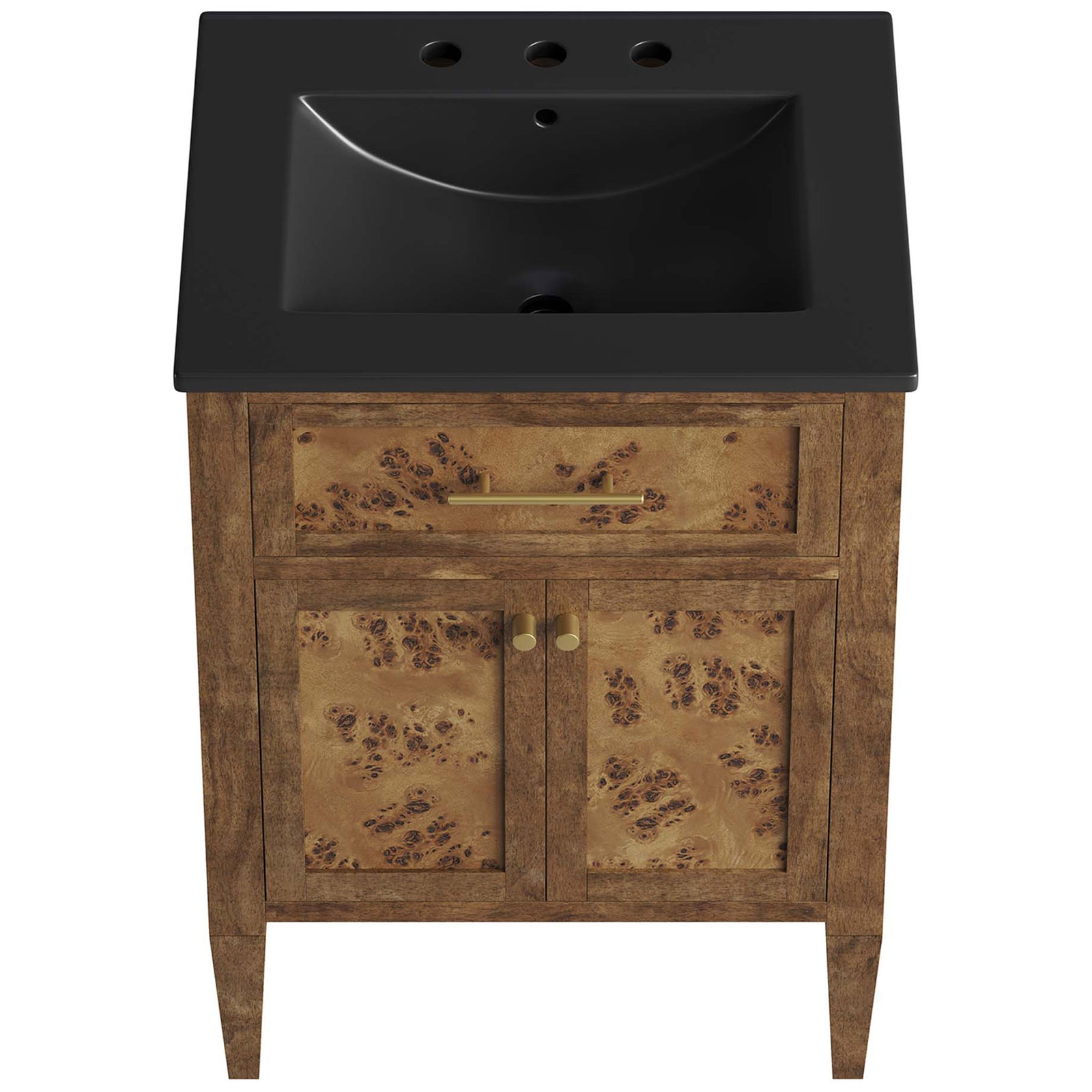 Integrated ceramic basin with 8-inch widespread holes crowns the warm burl wood base || EEI-6442-BLK-BRN || top_studio