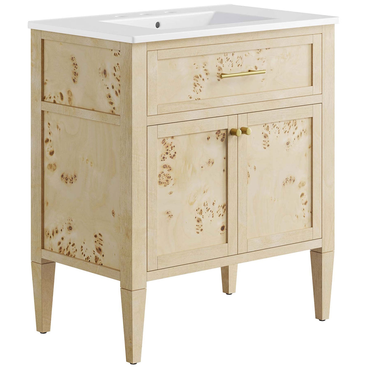 Distinctive burl figure on mango wood creates a statement vanity with timeless modern lines. || EEI-6443-WHI-BUR || front_angle_studio