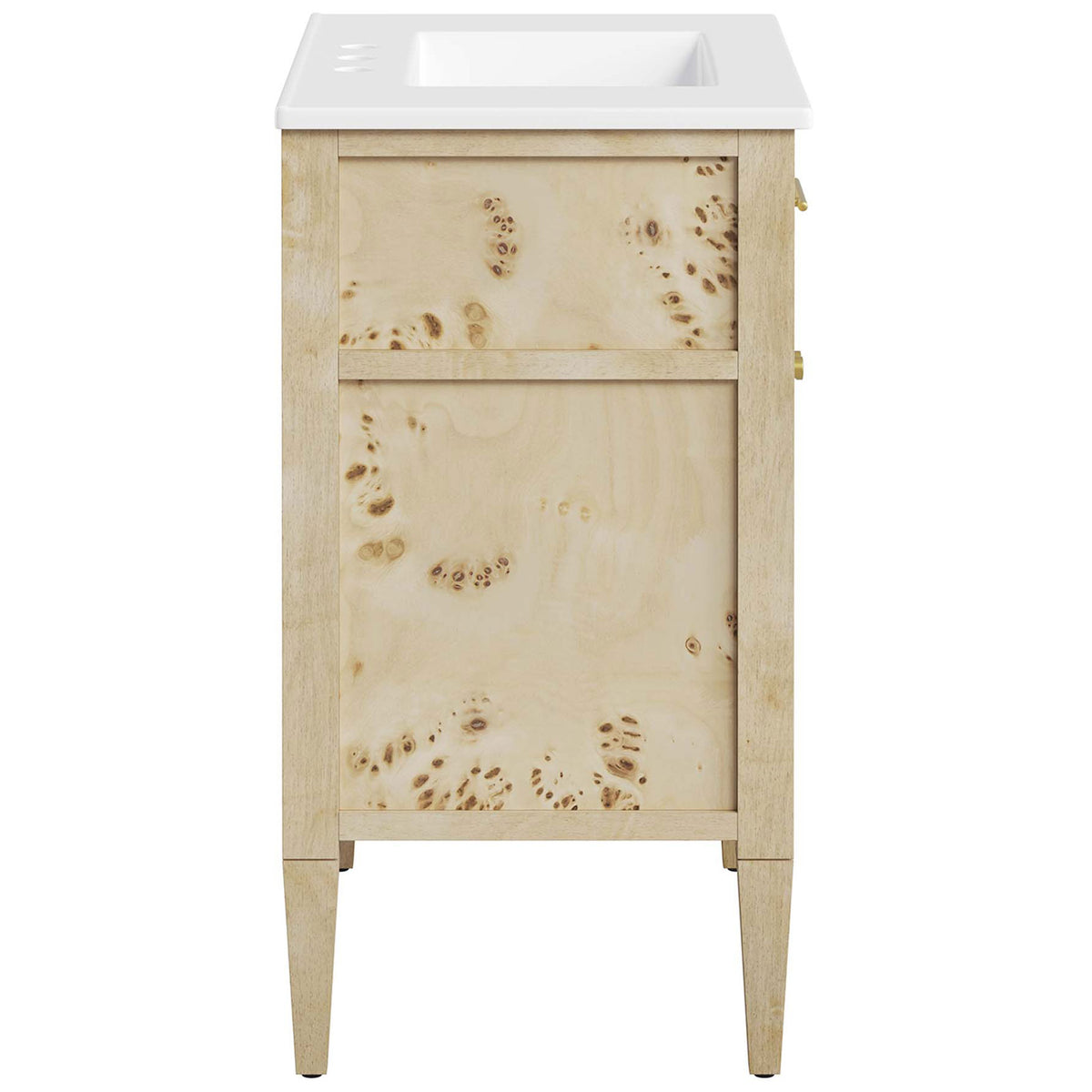 Slim silhouette showcases continuous burl grain and durable leg construction. || EEI-6443-WHI-BUR || side_studio