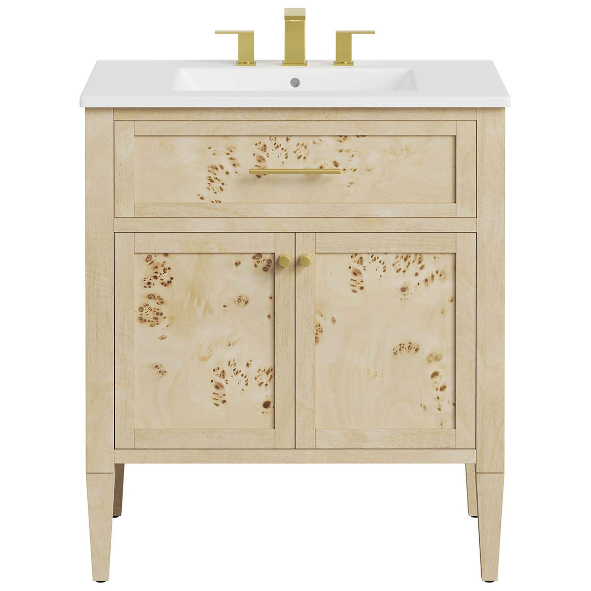30 inch burl wood vanity pairs a white ceramic sink with warm brass hardware and tapered legs. || EEI-6443-WHI-BUR || front_studio