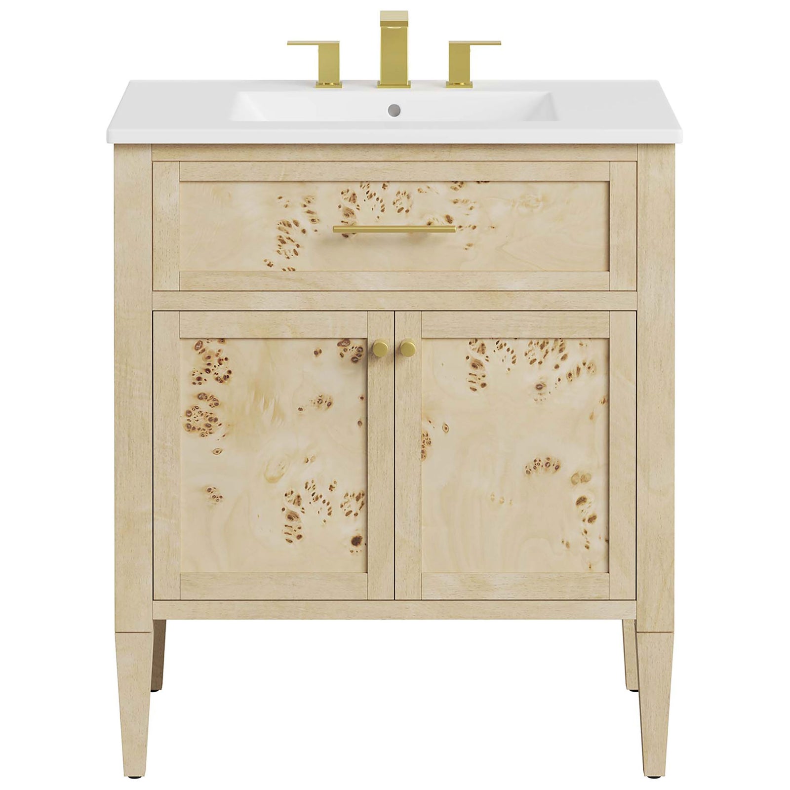 30 inch burl wood vanity pairs a white ceramic sink with warm brass hardware and tapered legs. || EEI-6443-WHI-BUR || front_studio