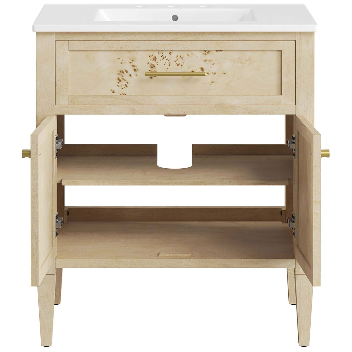 Generous cabinet space with adjustable shelf and plumbing cutout streamlines bathroom storage. || EEI-6443-WHI-BUR || front_open_studio