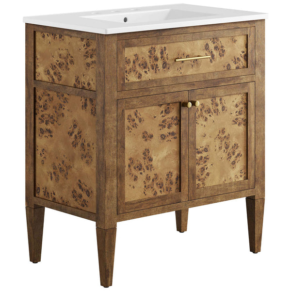 30-inch burl wood vanity with white ceramic basin and brass hardware || EEI-6444-WHI-BRN || front_angle_studio