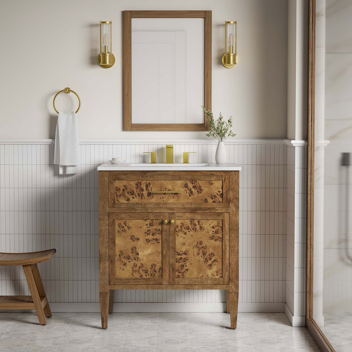 Burl wood vanity styled in a bright bath with brass accents || EEI-6444-WHI-BRN || front_room