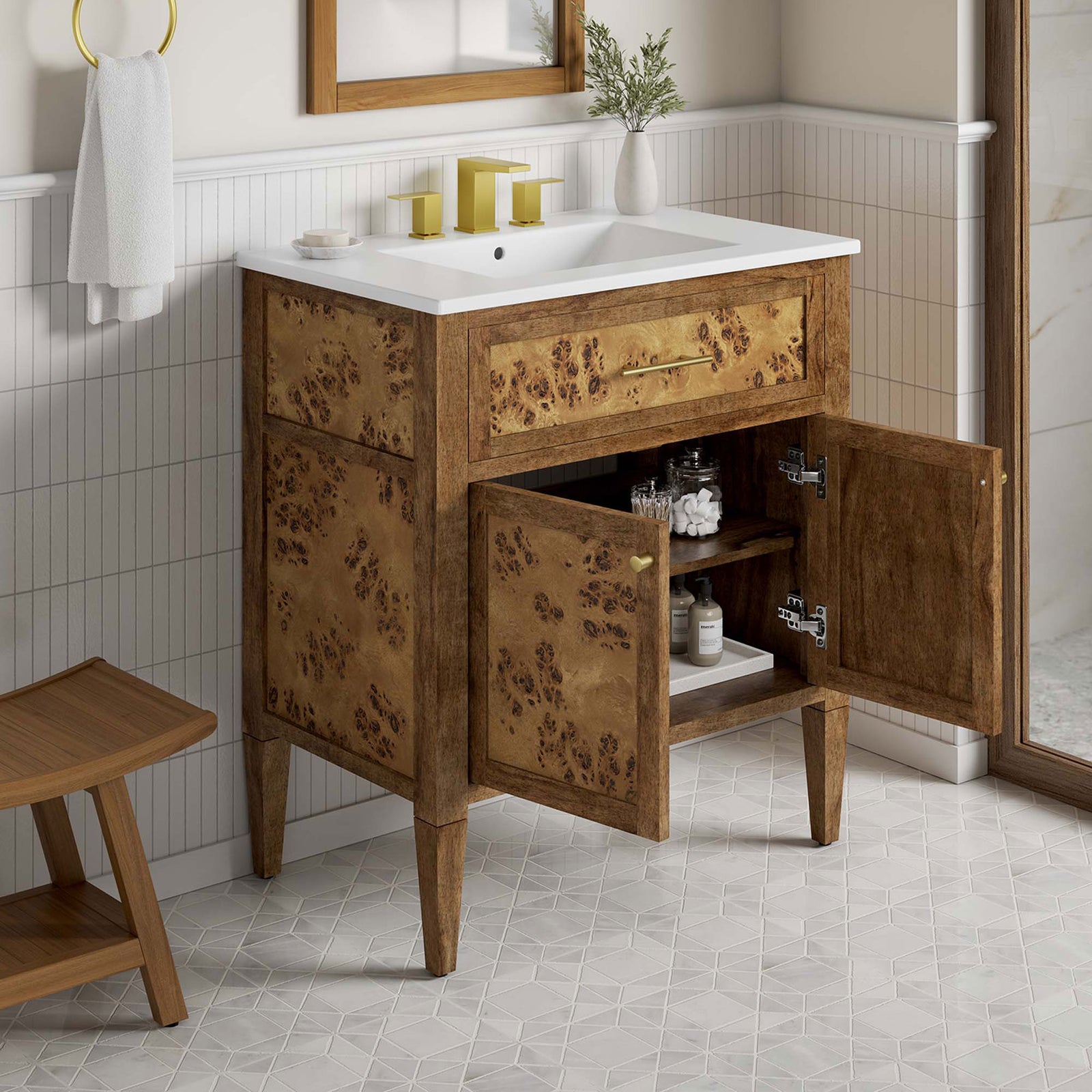 Open storage shows towels and essentials inside the vanity || EEI-6444-WHI-BRN || front_angle_open_room
