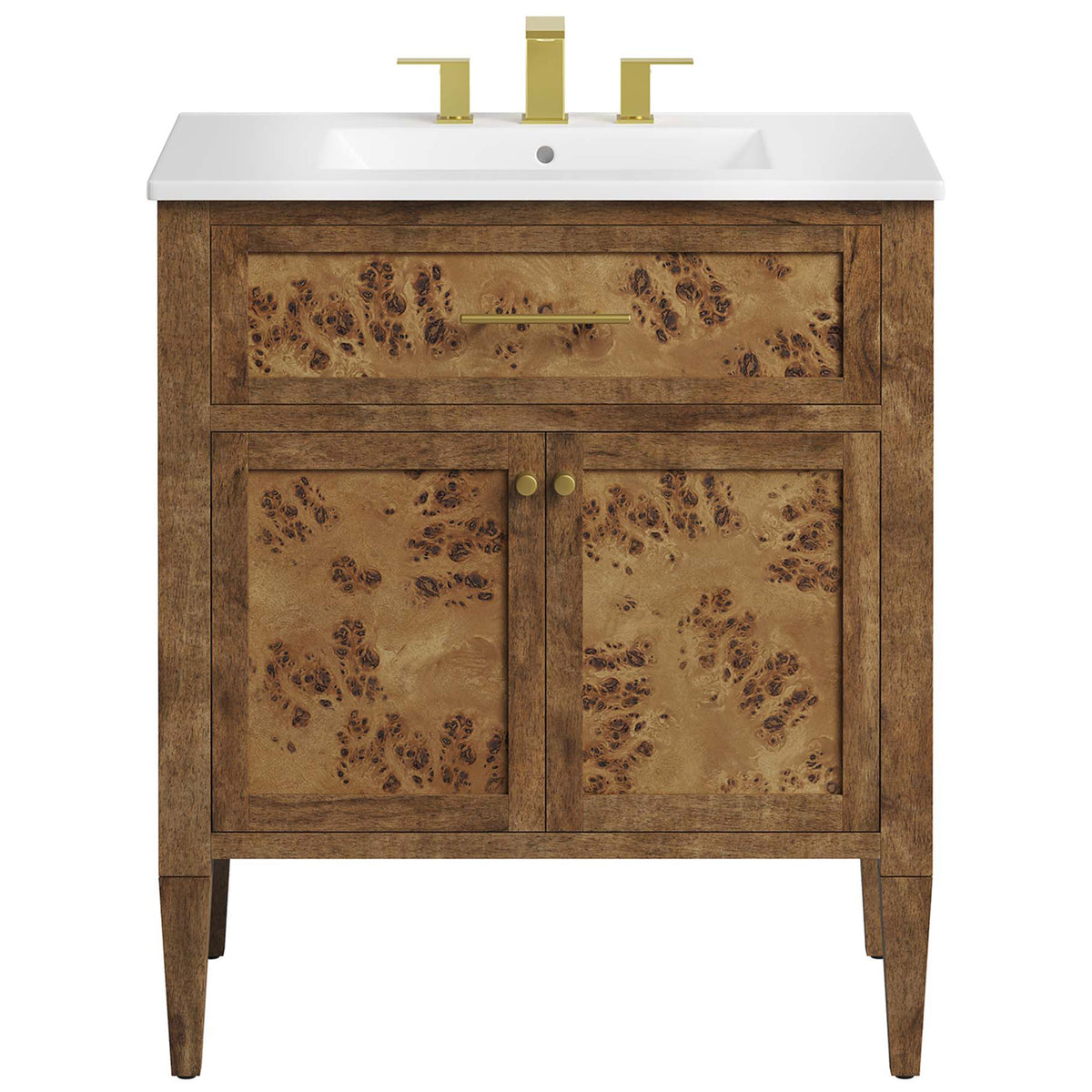 White ceramic basin over richly patterned burl wood cabinet || EEI-6444-WHI-BRN || front_studio