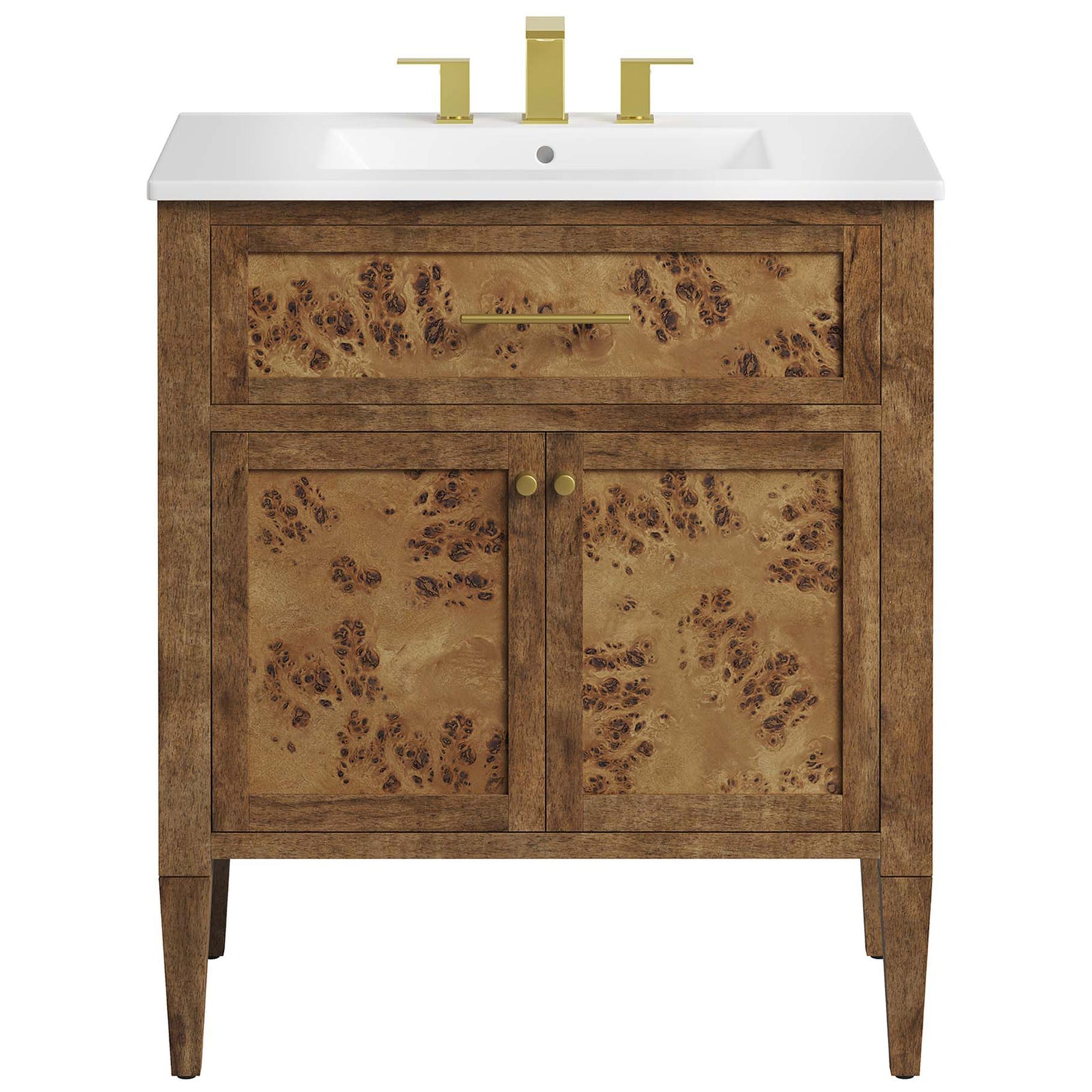 White ceramic basin over richly patterned burl wood cabinet || EEI-6444-WHI-BRN || front_studio