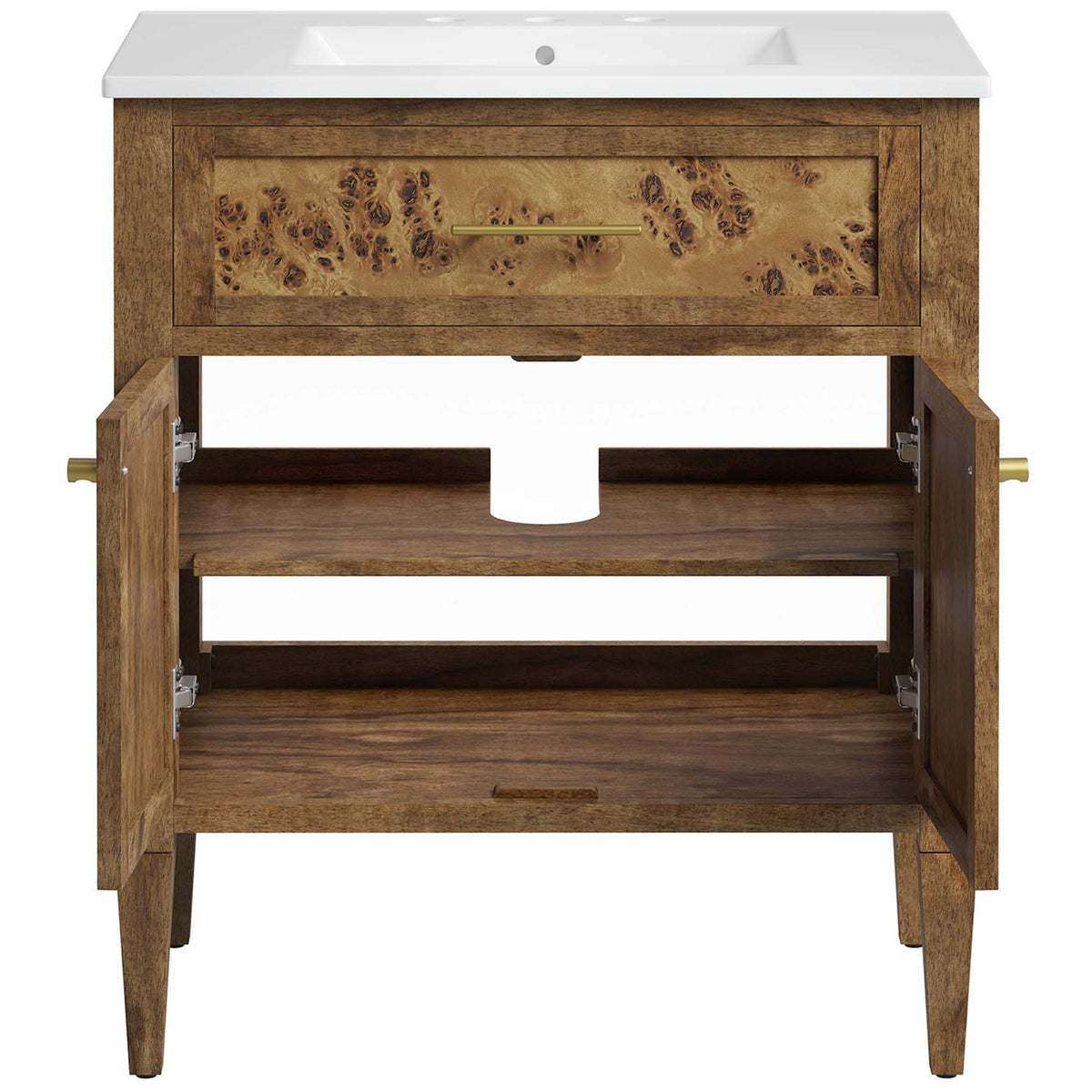 Cabinet doors open to two shelves with center cutout || EEI-6444-WHI-BRN || front_open_studio