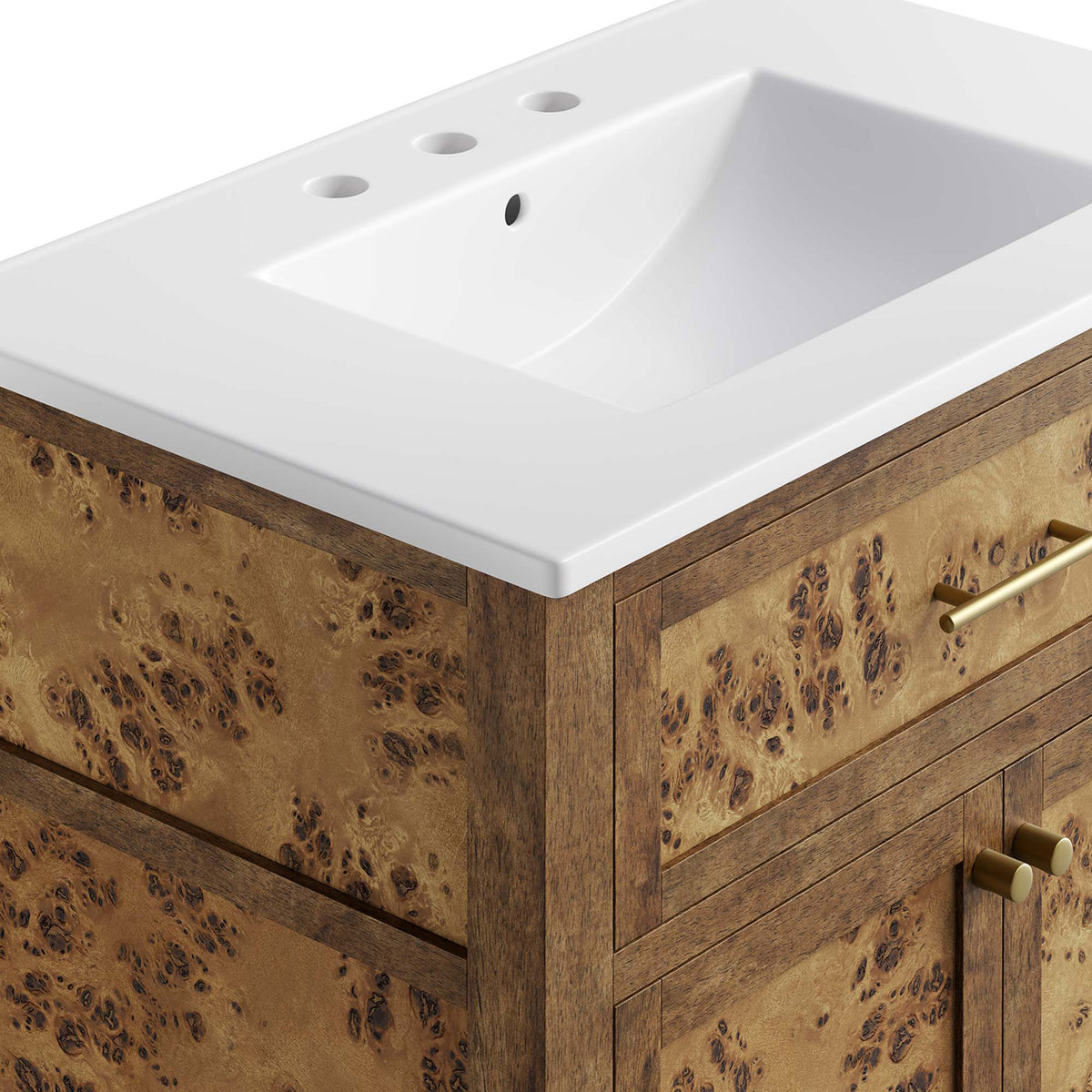 Glossy basin and warm burl veneer create a striking contrast || EEI-6444-WHI-BRN || detail_studio