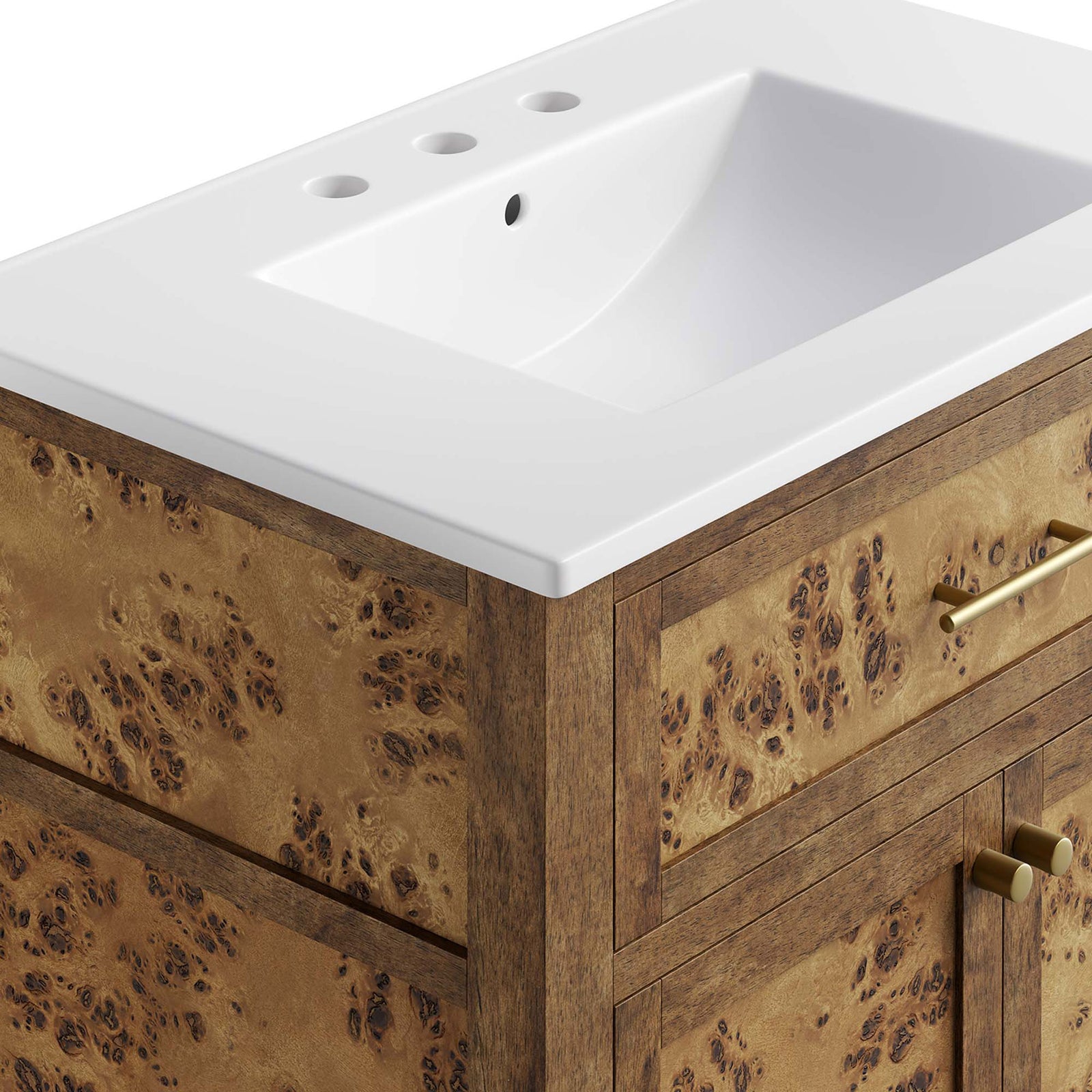Glossy basin and warm burl veneer create a striking contrast || EEI-6444-WHI-BRN || detail_studio