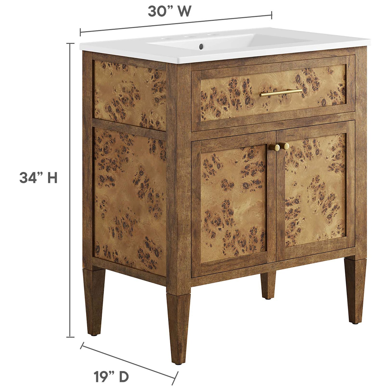 30-inch vanity dimensions with width, depth, and height labeled || EEI-6444-WHI-BRN || dimension_studio