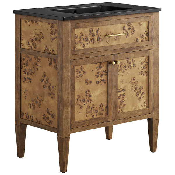 Burl wood vanity pairs a matte black basin with streamlined brass pulls for modern warmth || EEI-6446-BLK-BRN || front_angle_studio