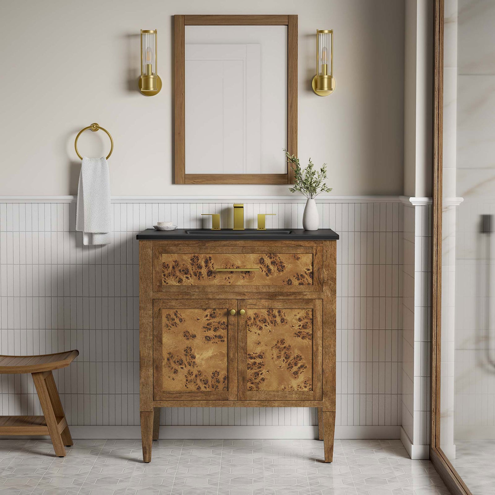 Warm texture and golden accents elevate the bathroom || EEI-6446-BLK-BRN || front_room