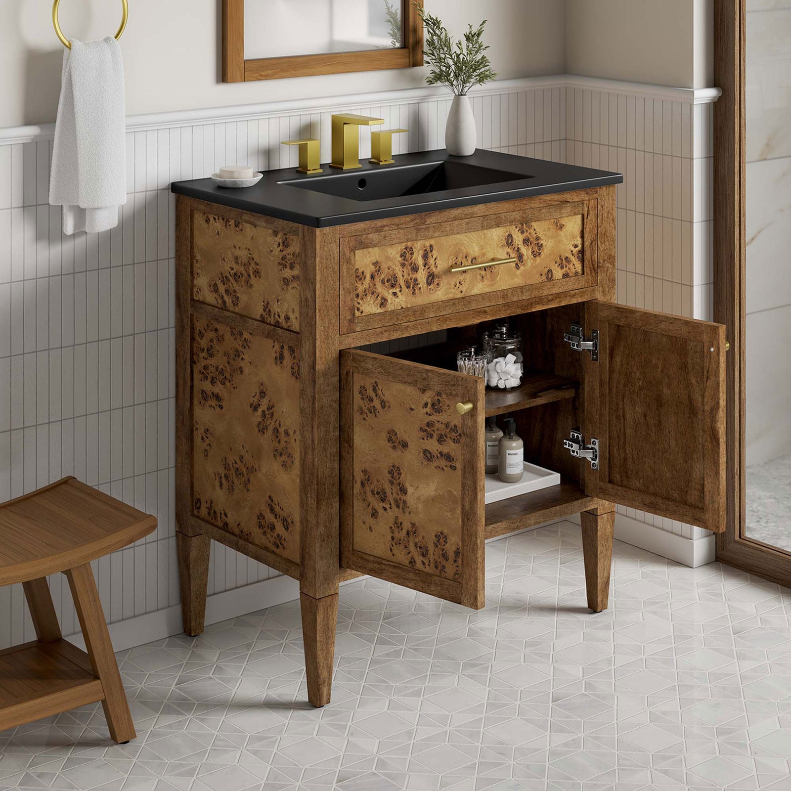 Doors open to display organized storage and easy access || EEI-6446-BLK-BRN || front_angle_open_room